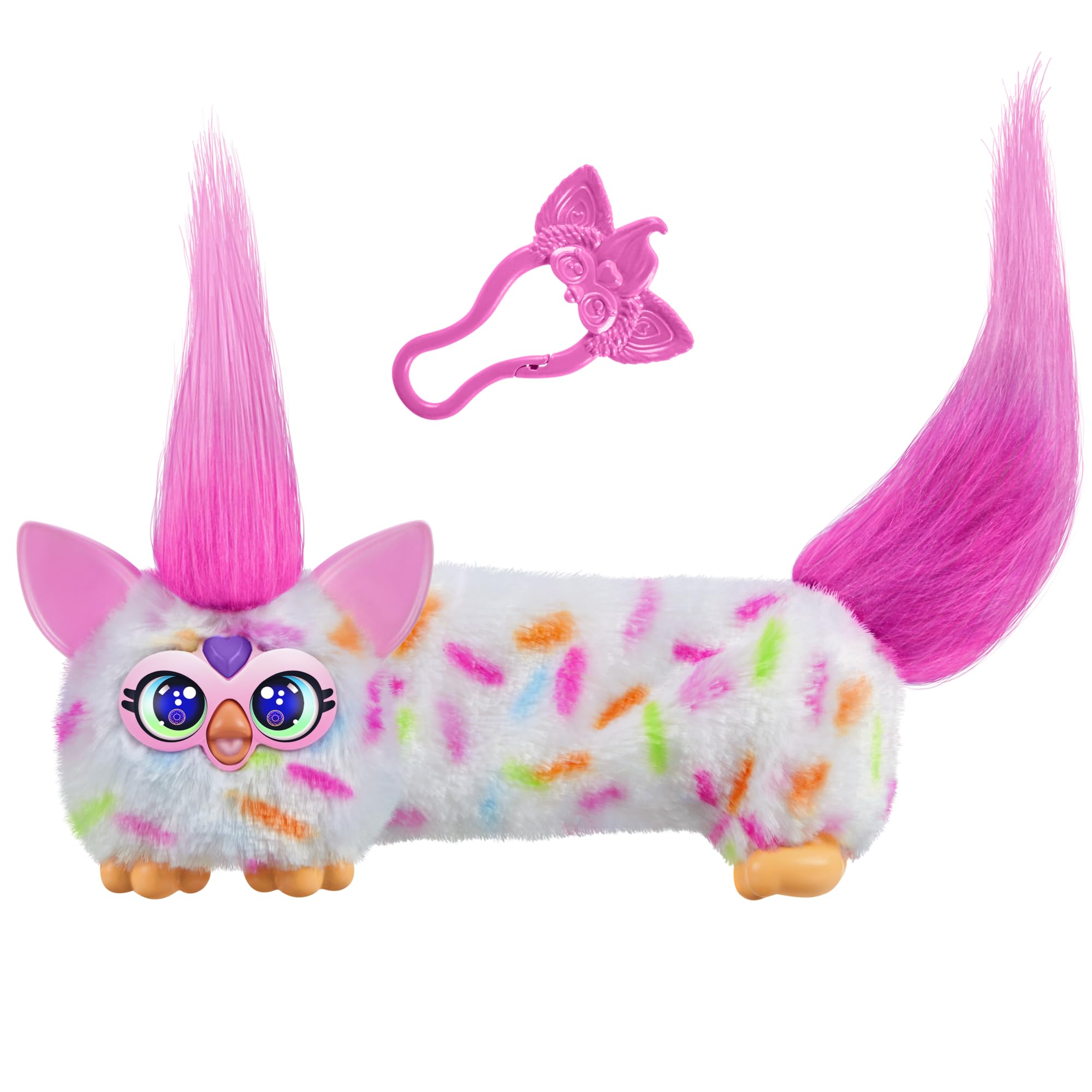 Furby DJ Furblet Berry-Cup-Cake Interactive Plush Toy with Stretchy Body, Music & Keychain Clip
