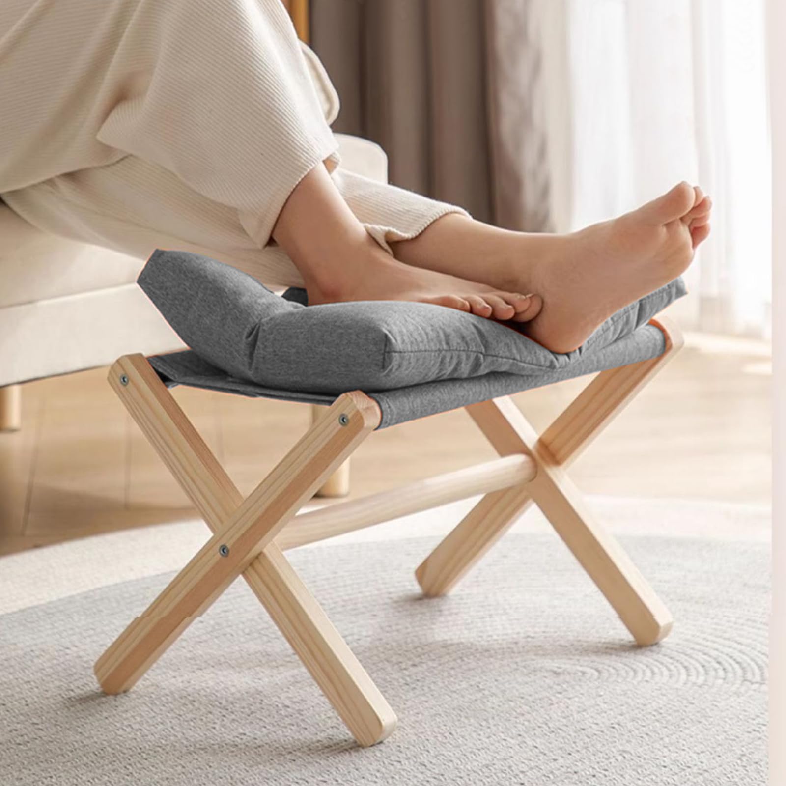 ASelected 40 cm Folding Footrest Stool - Wood Footstool for Living Room, Bedroom, Office