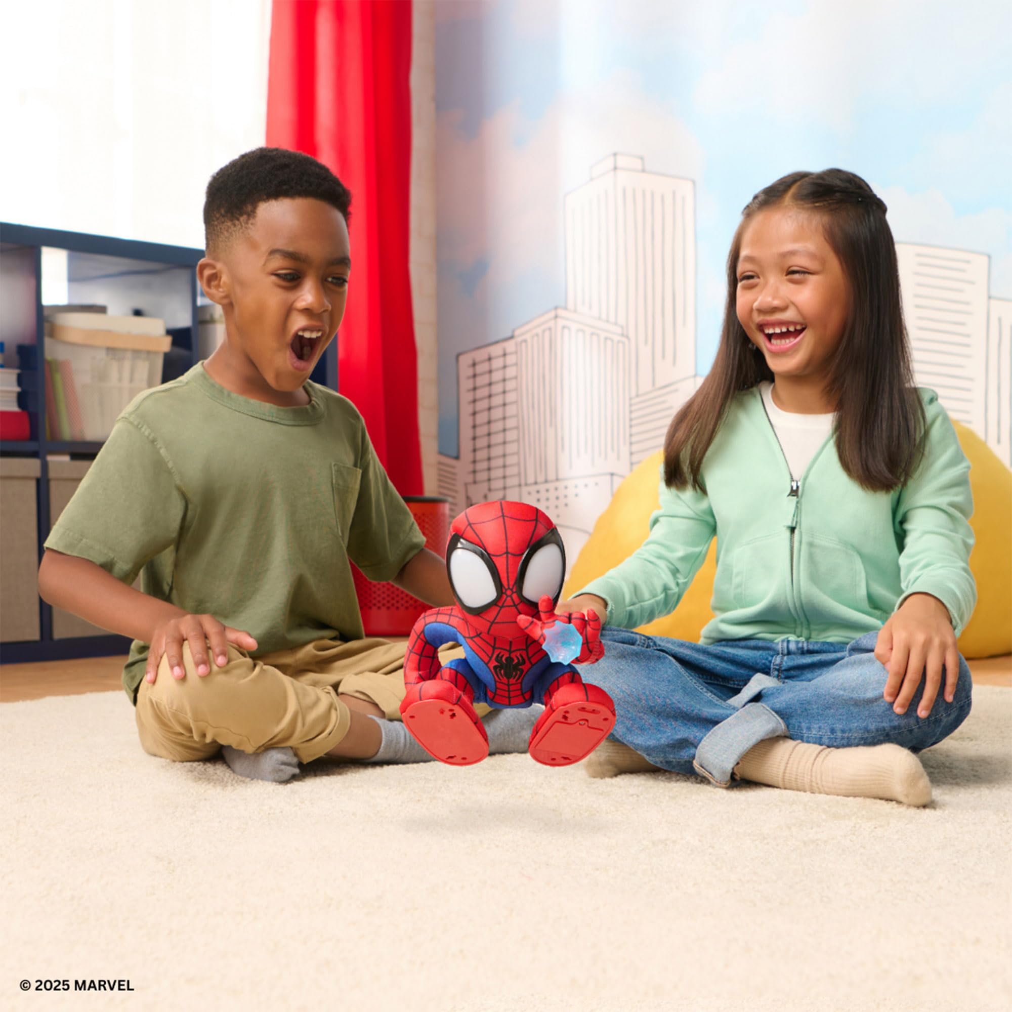 Two children playing with a Spider-Man toy in a room with a cityscape background.