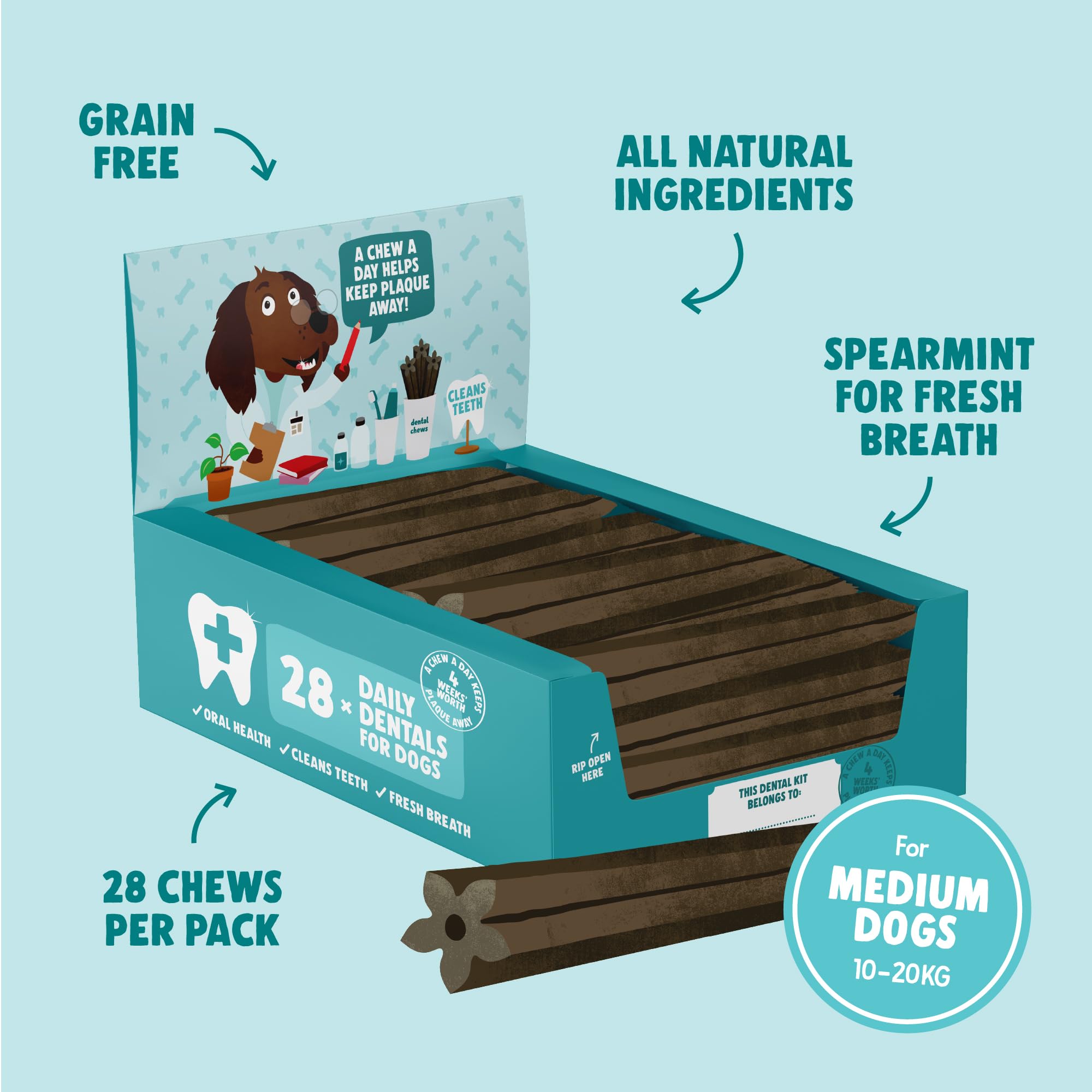 Denzel's Dog Dental Sticks - Medium Dogs (10-20kg) | Chicken & Peppermint | 28 Pack