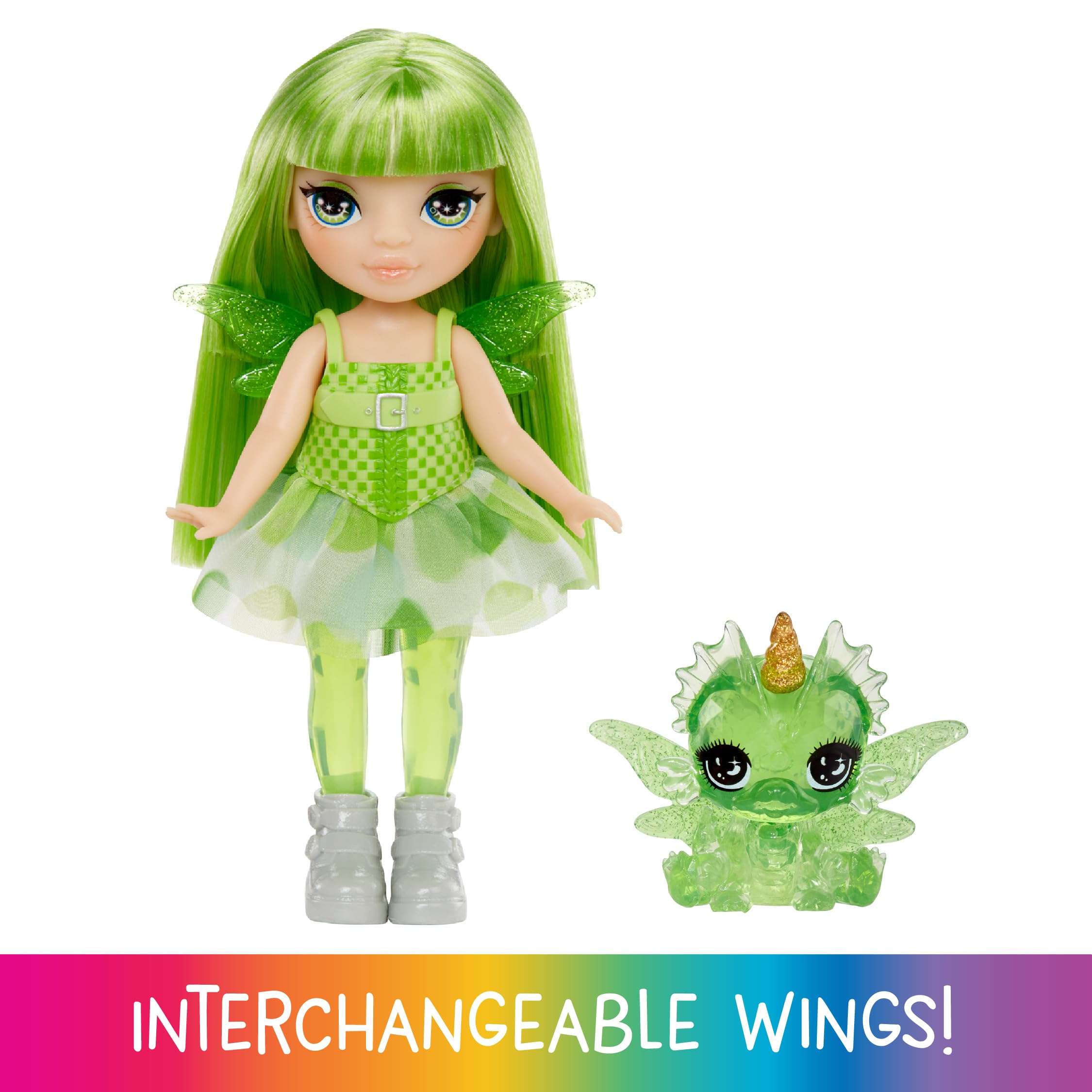 Rainbow High Littles Rainbow Fantasy Fairies & Pet - Emerald Green 14cm Posable Doll with Interchangeable Fairy Wings, Magical Dragon Pet - Ages 3+ 3