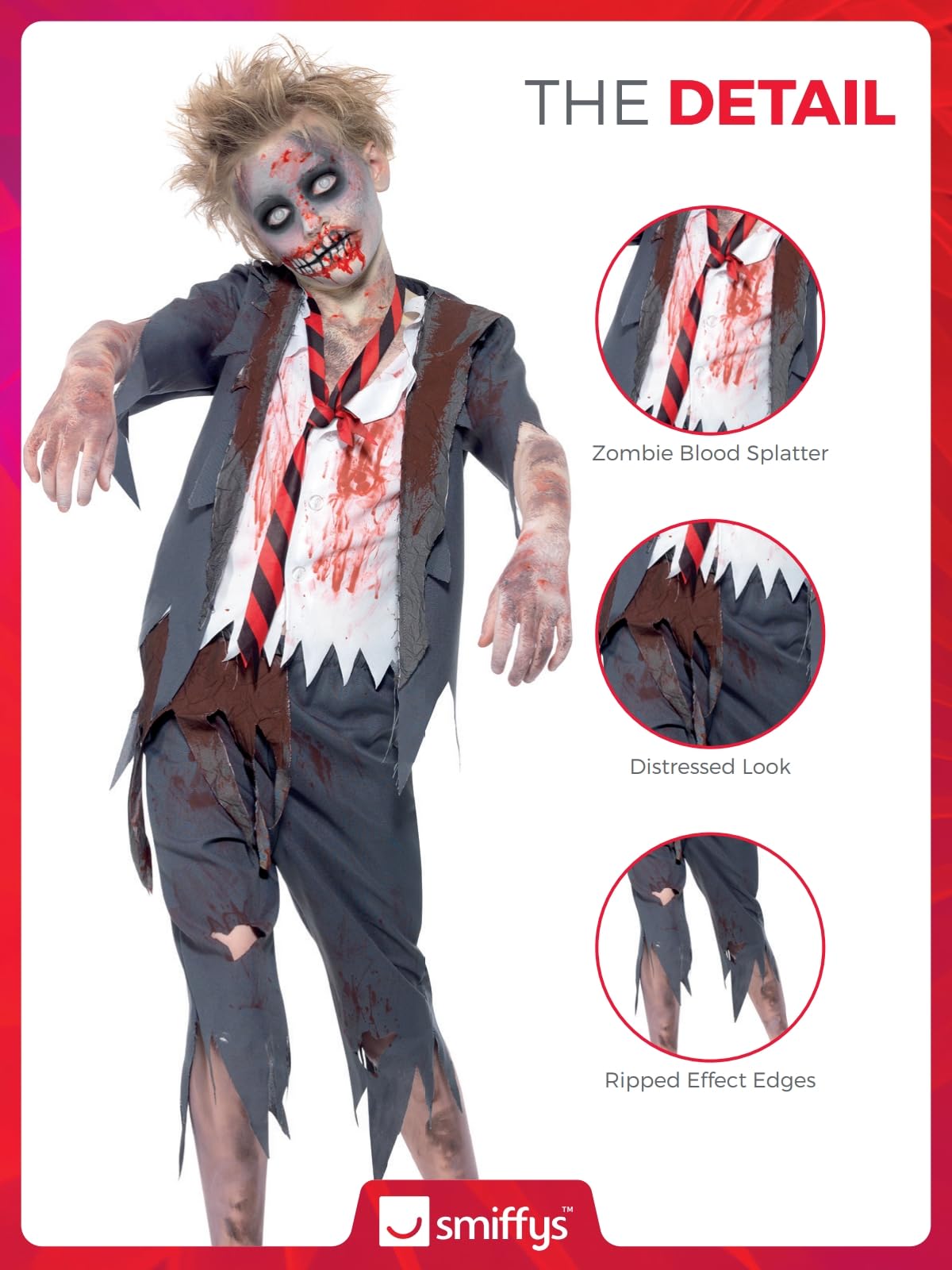Smiffys Zombie School Boy Costume - Grey Jacket, Trousers, Mock Shirt & Tie for Kids 6