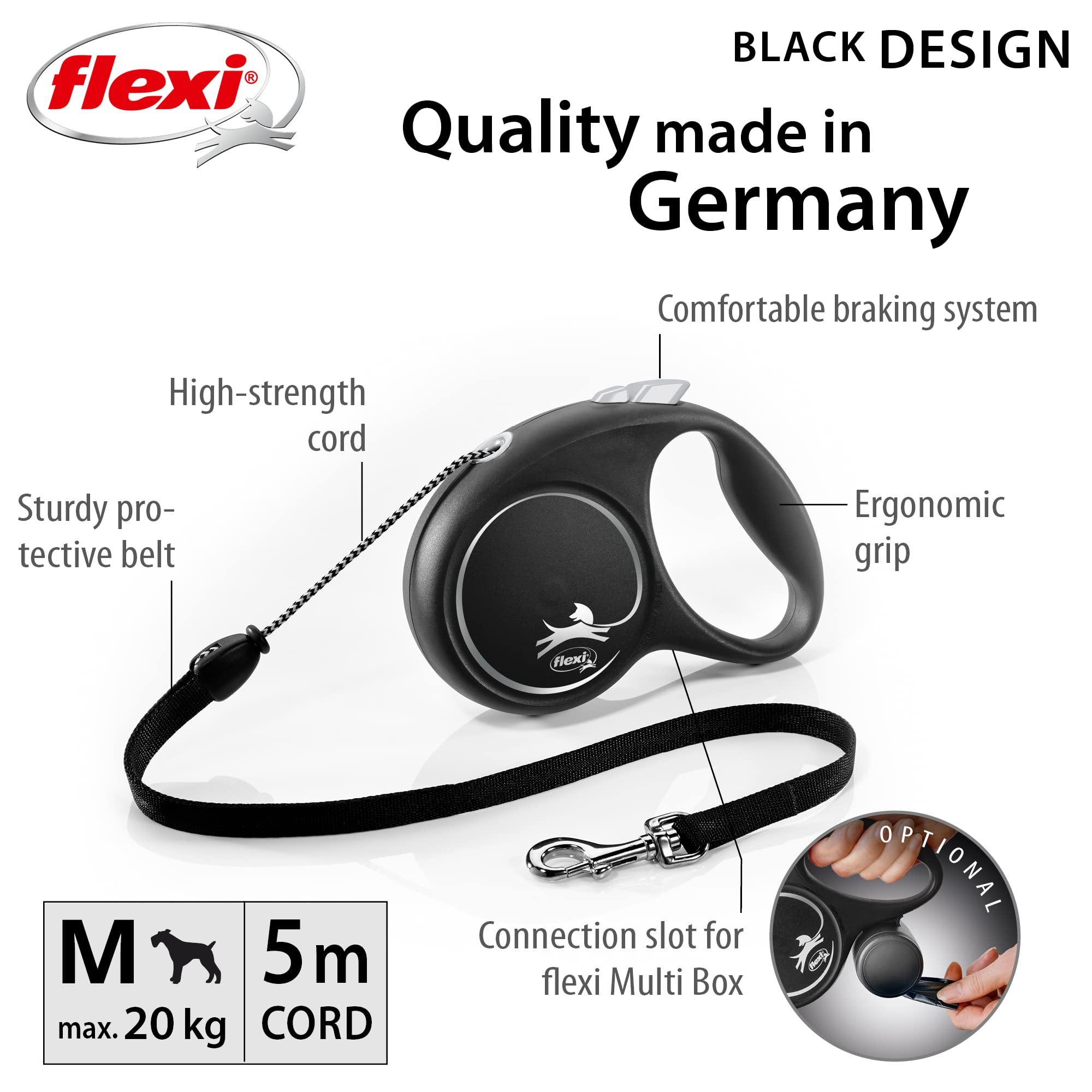 flexi Black Design Retractable Dog Leash - Medium Size, 5m Cord Length | German Quality