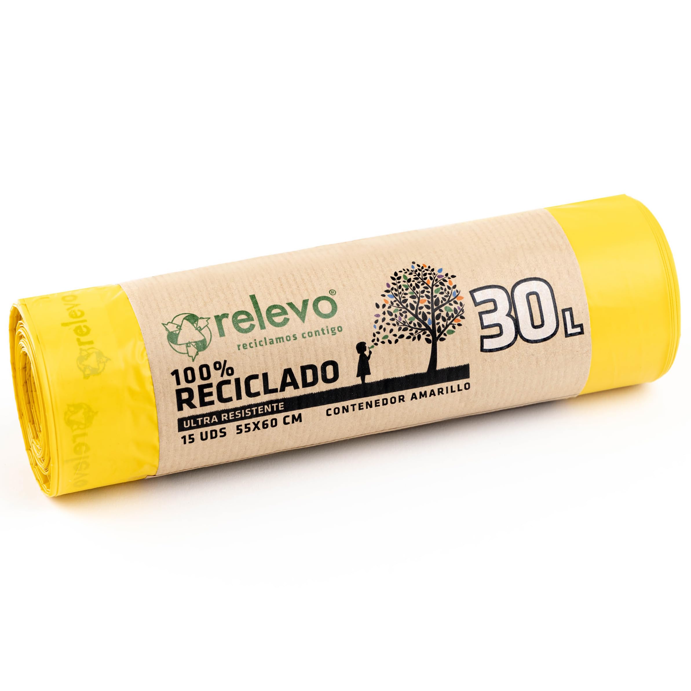 Relevo 100% Recycled Heavy Duty Bin Liners, 30 L with Drawstrings, 15-Pack