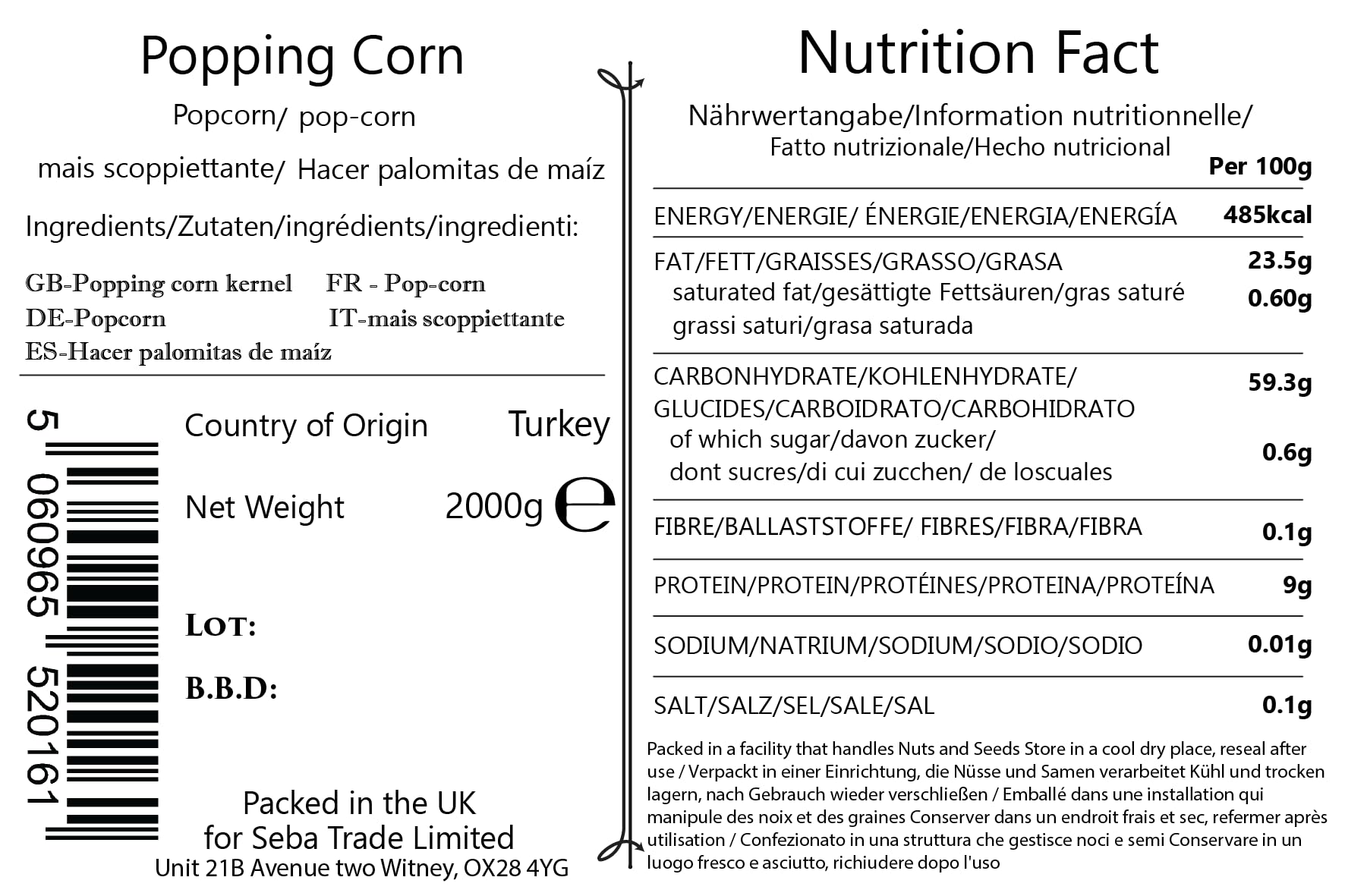 Seba Garden Popping Corn Kernels 2 kg - GMO Free, Resealable Ziplock Bag 3