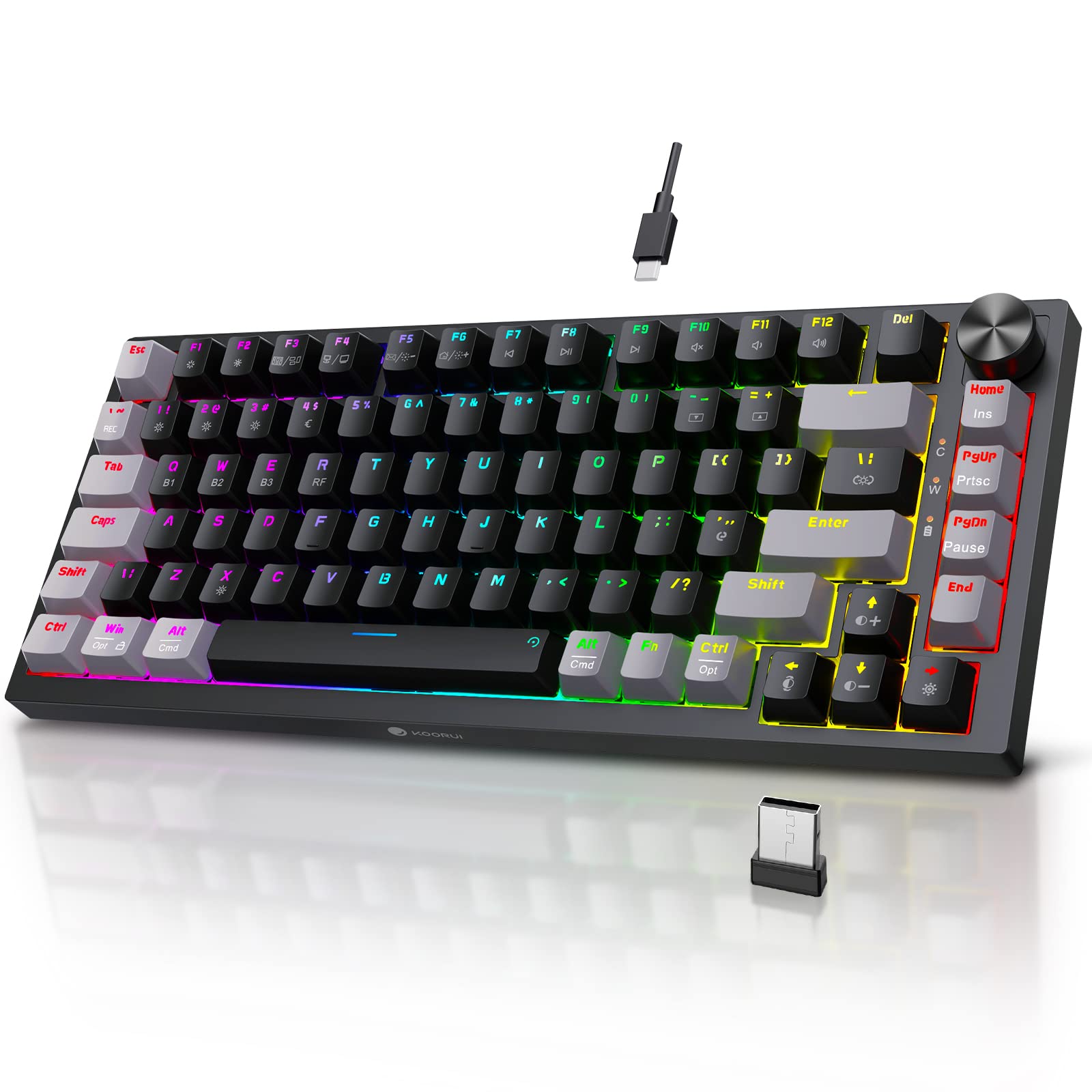 KOORUI MK082 82-Key Mechanical Gaming Keyboard - Wireless/Wired RGB Backlit with Brown Switch 7