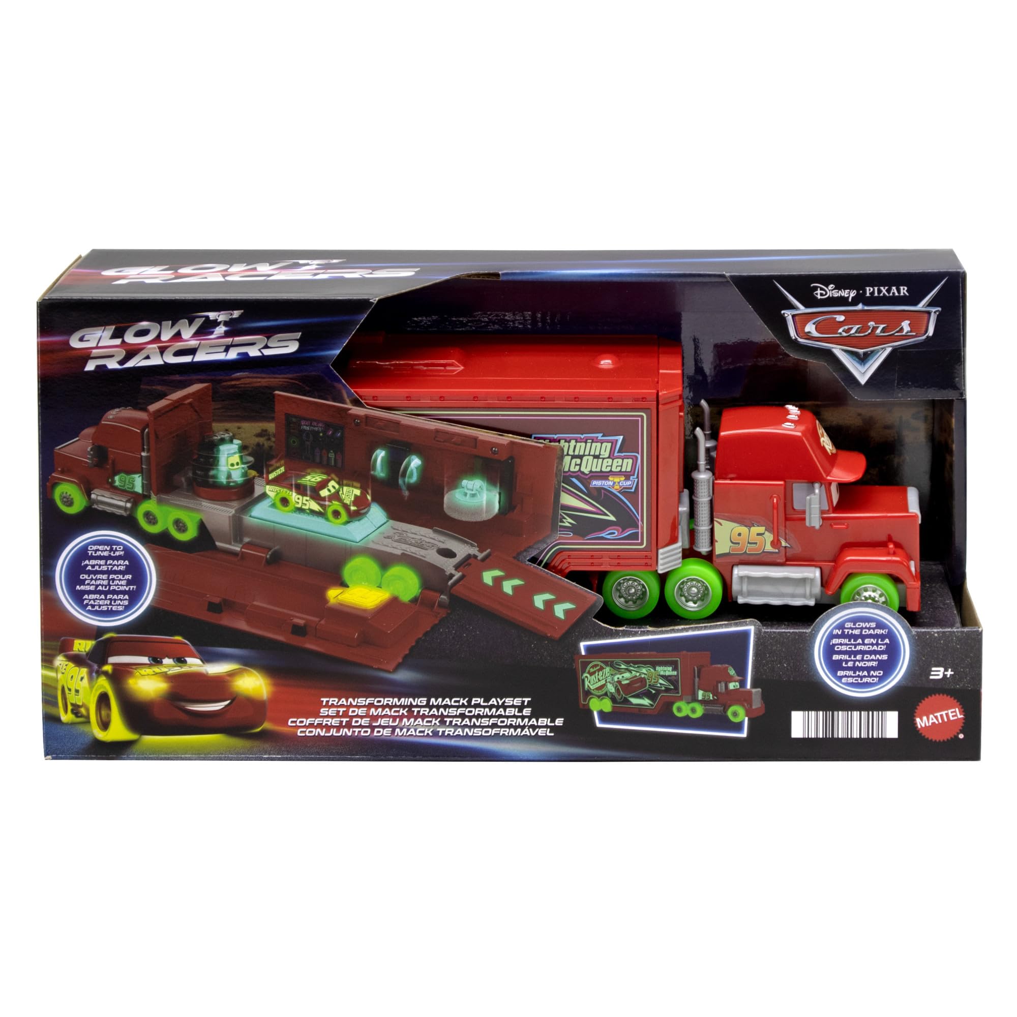 Disney and Pixar Cars Glow Racers Transforming Mack Playset - 2-in-1 Glow-in-the-Dark Vehicle with Launcher & Tune-Up Station
