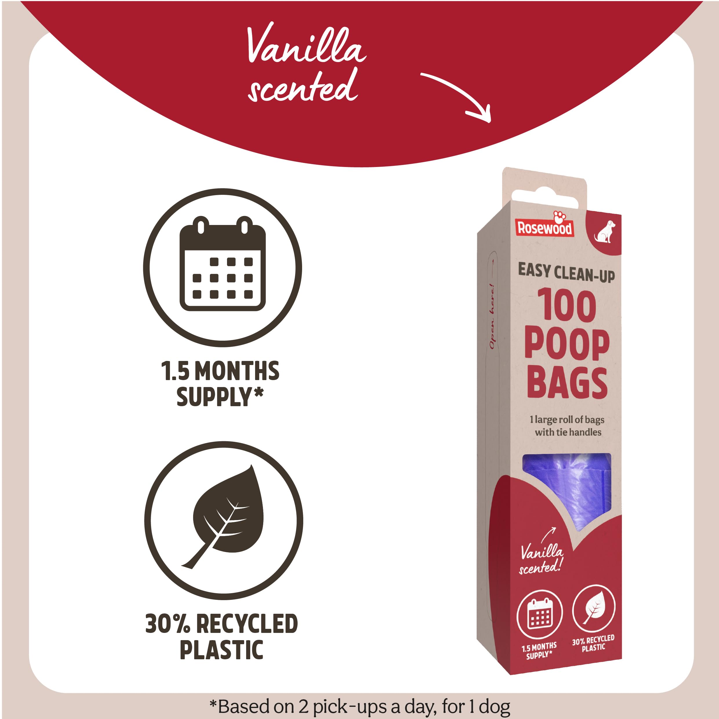 Rosewood Dog Poo Bags with Handles - 100 Count Roll | Vanilla Scented | 30% Recycled Plastic 3