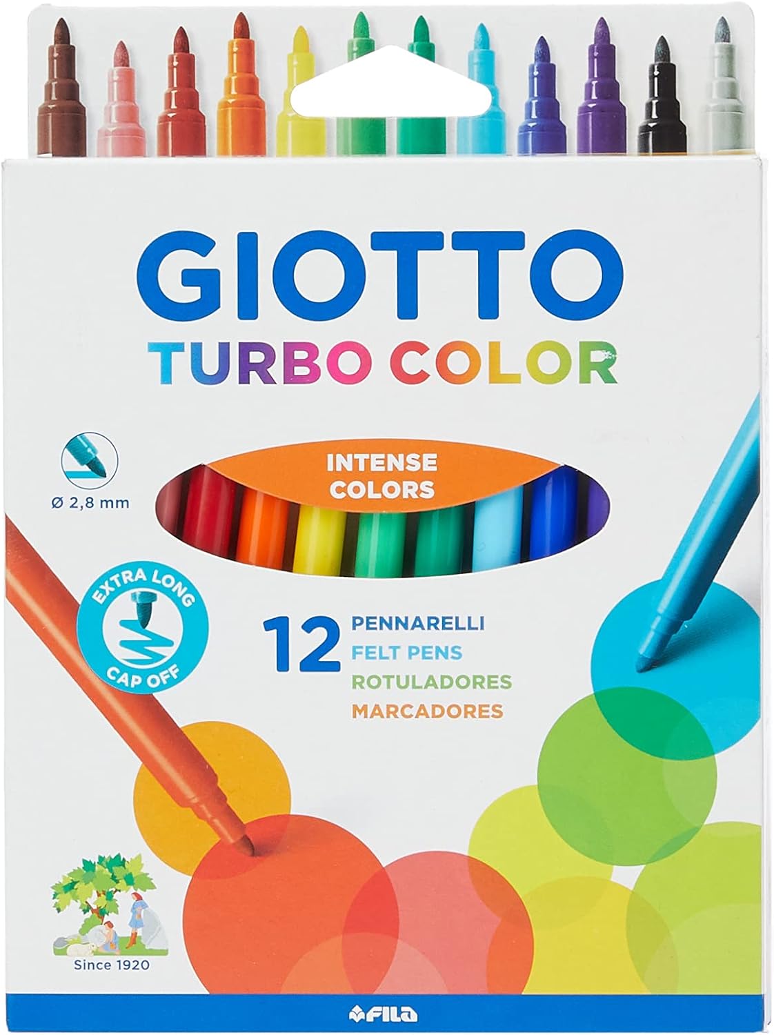 GIOTTO Turbocolor Felt Tip Pens - 12 Assorted Colours, Fine Tip 2.8mm