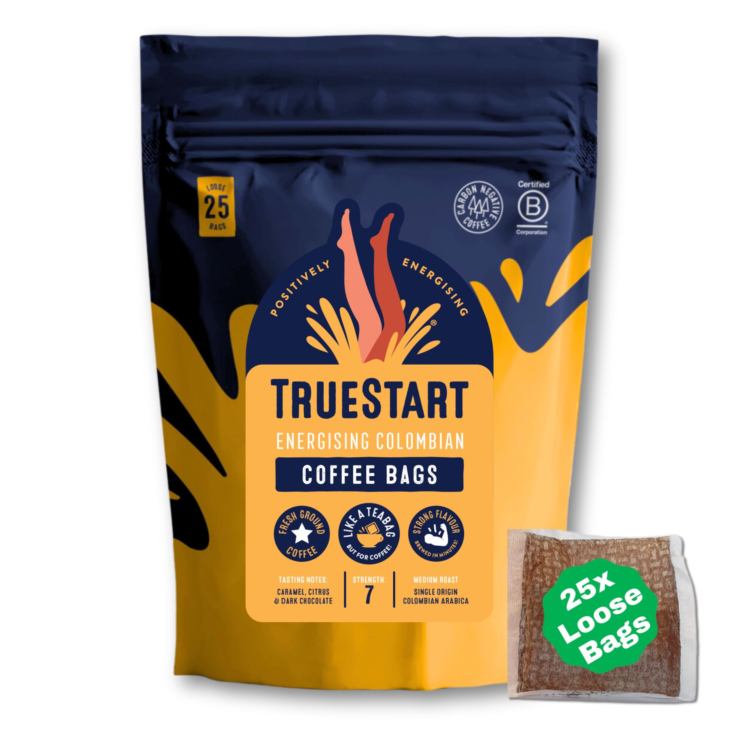 TrueStart Smooth Energising Colombian Arabica Coffee Bags – 25 Individually Wrapped, Mycotoxin-Free, Gluten-Free, Rich in Antioxidants