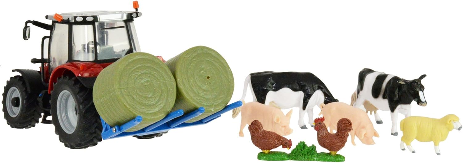 Britains Massey Ferguson 5612 Tractor Playset - 1:32 Scale Farm Toy with Animals & Bale Lifter