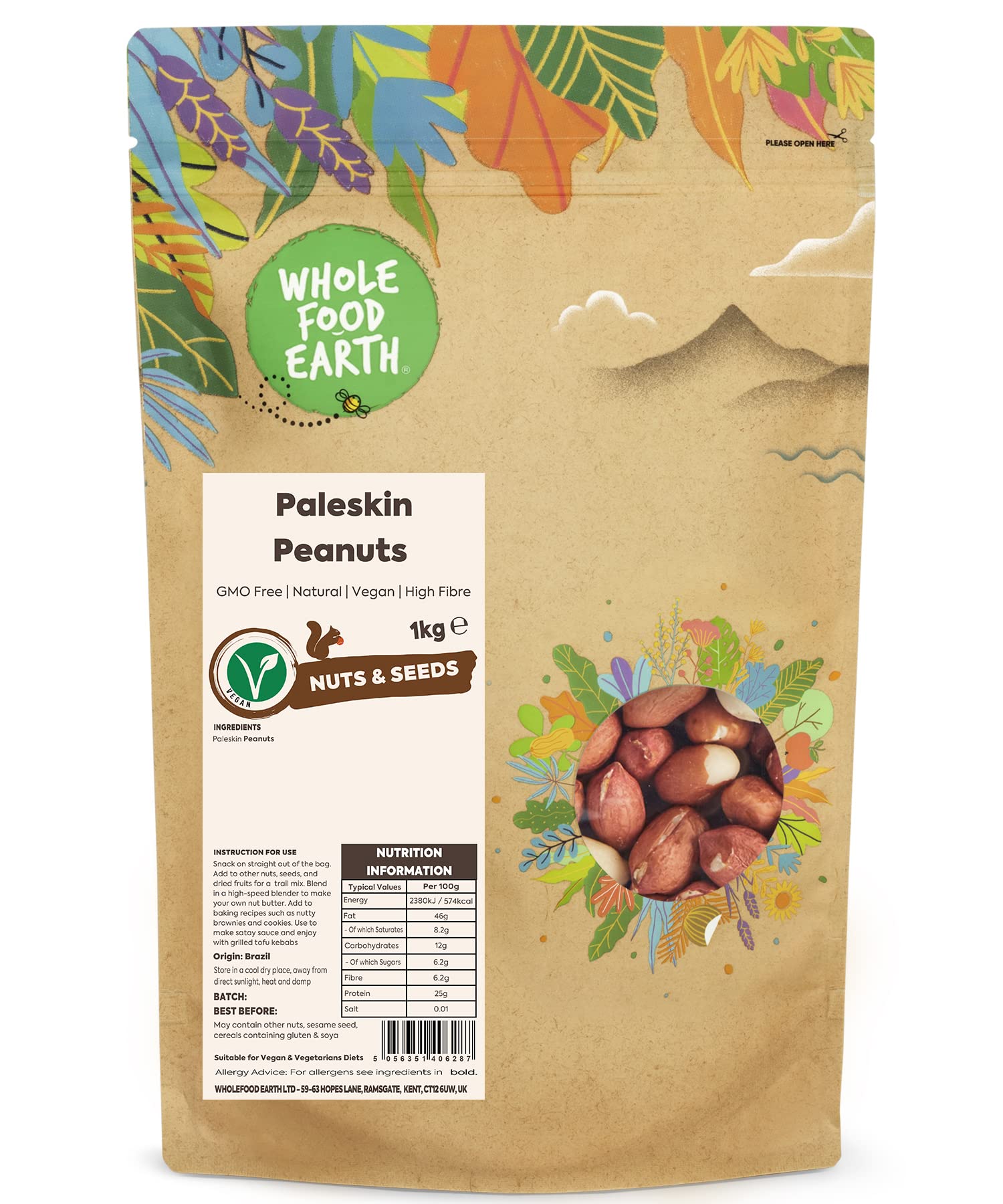 Wholefood Earth Paleskin Peanuts 1 kg | GMO Free | Natural | High Fibre | Recyclable Packaging