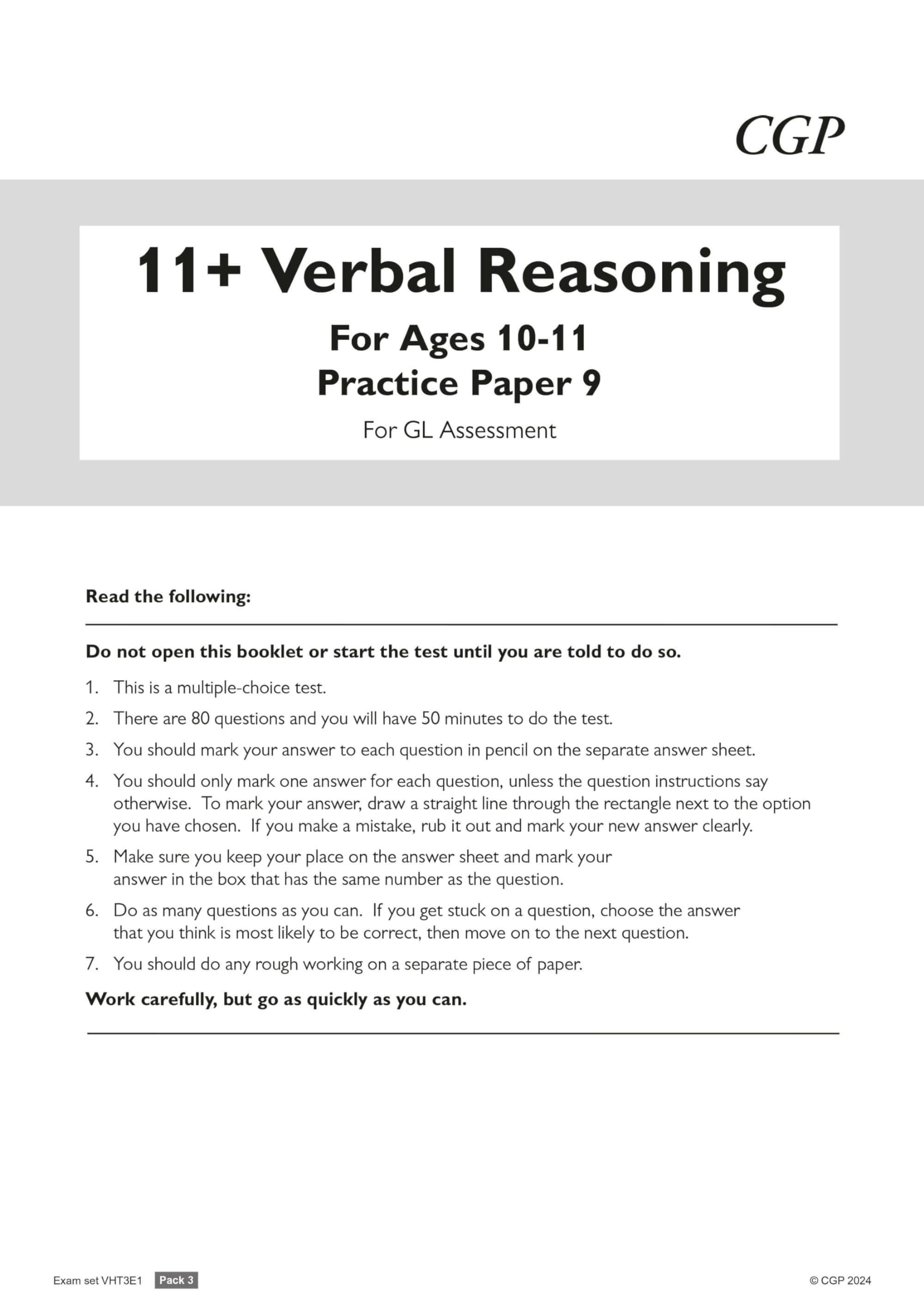 CGP Books 11+ GL Verbal Reasoning Practice Papers Pack 3 - Ages 10-11 | 76 Pages | Paperback