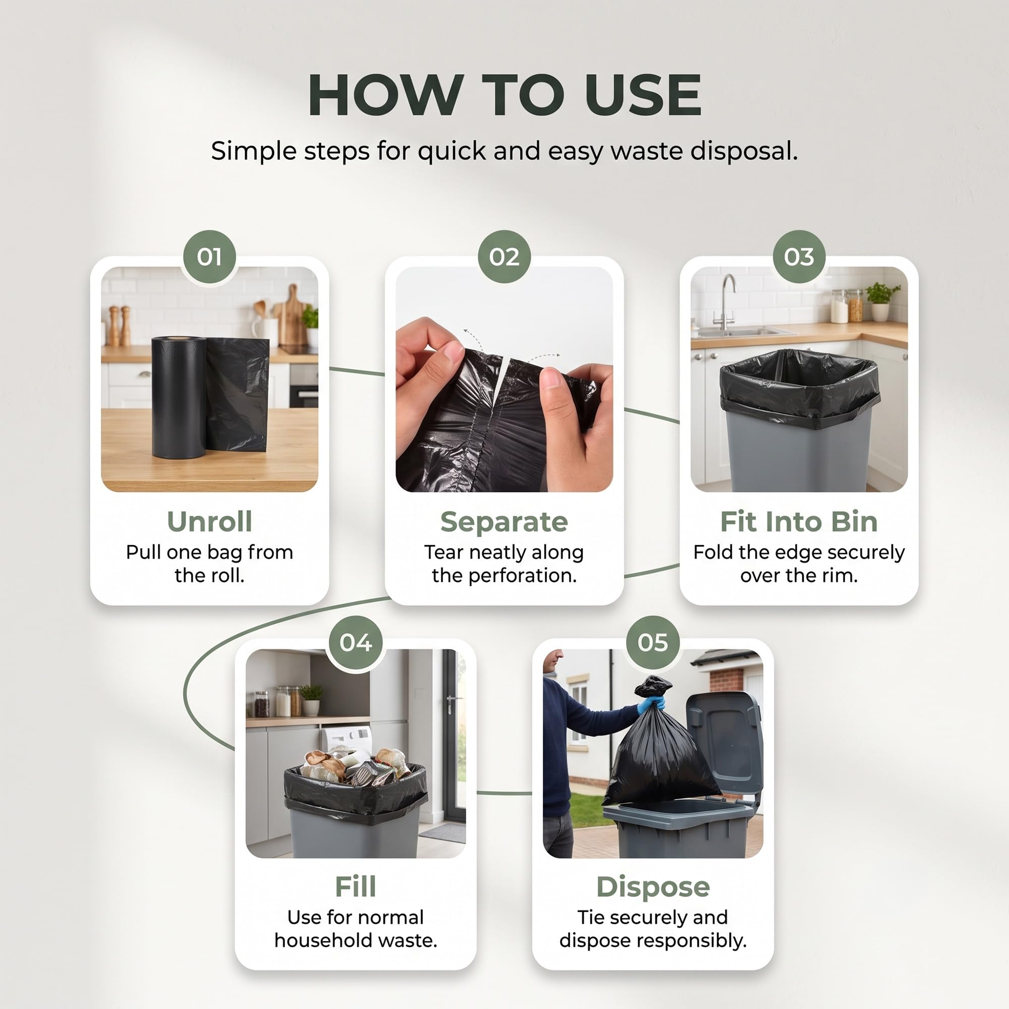 EasyBin 70L Bin Bags - 50 Count Black Refuse Sacks | Easy Tear Roll | Durable Plastic 6