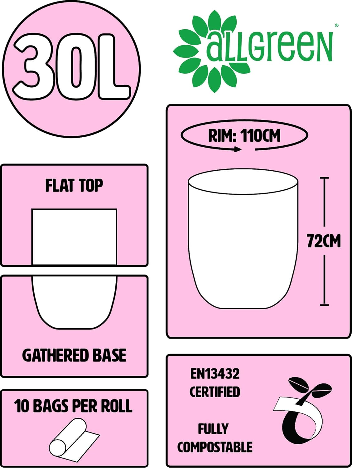 All-Green 30L Compostable Kerbside Caddy Liners - 10 Bags, Star-Sealed Base, EN 13432 Certified 3