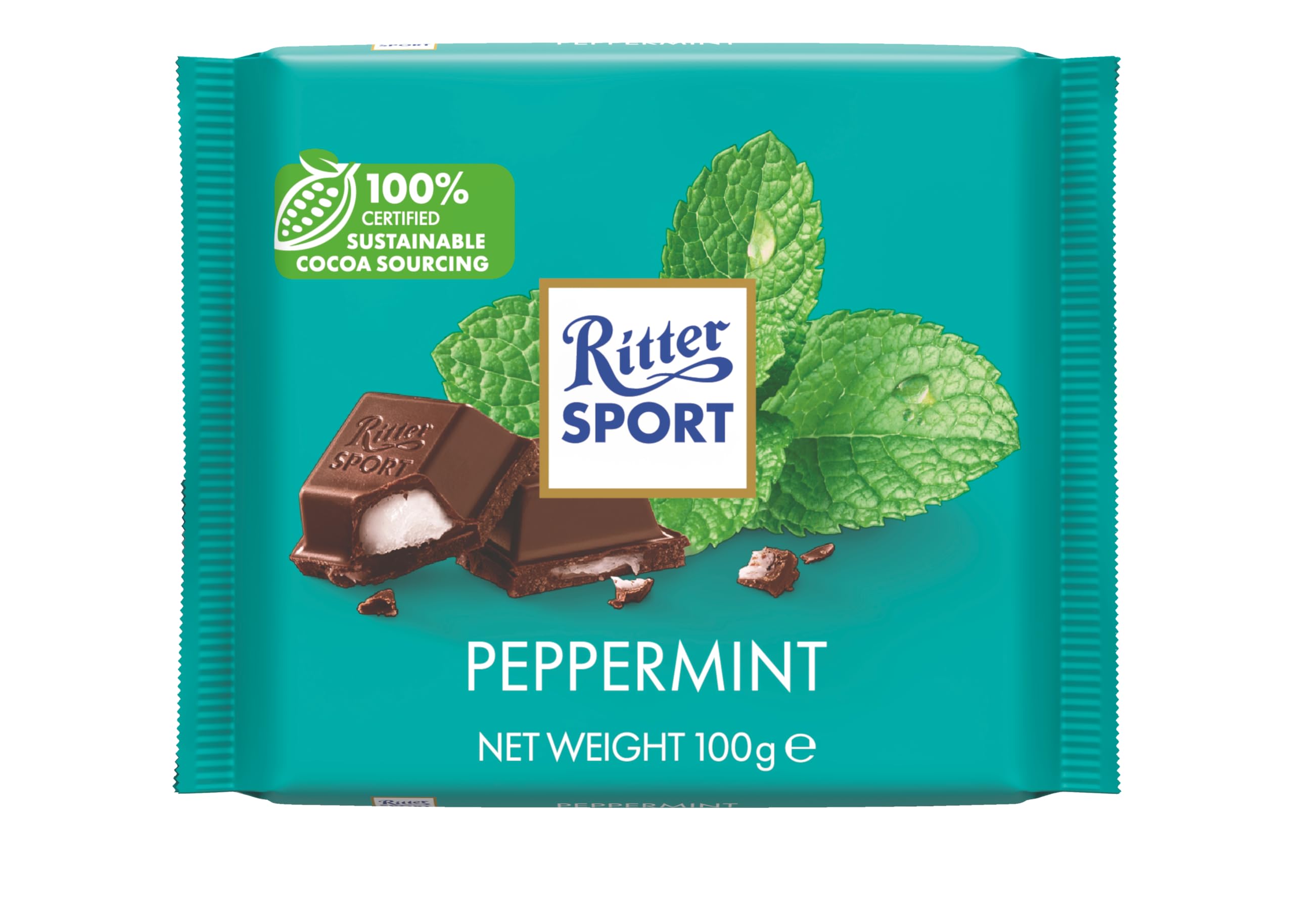 Ritter Sport Peppermint Dark Chocolate Bar, 100g - Dark Chocolate with Peppermint Crème Filling
