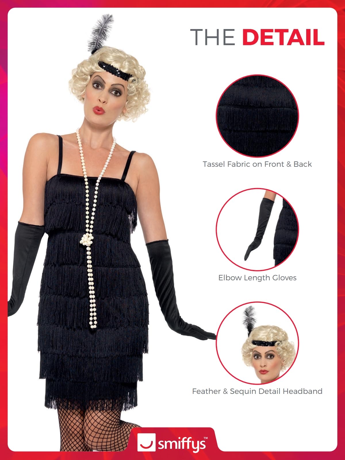 Smiffys 1920s Flapper Girl Costume - Short Dress, Headband & Gloves, Black, UK Size 08-10 6