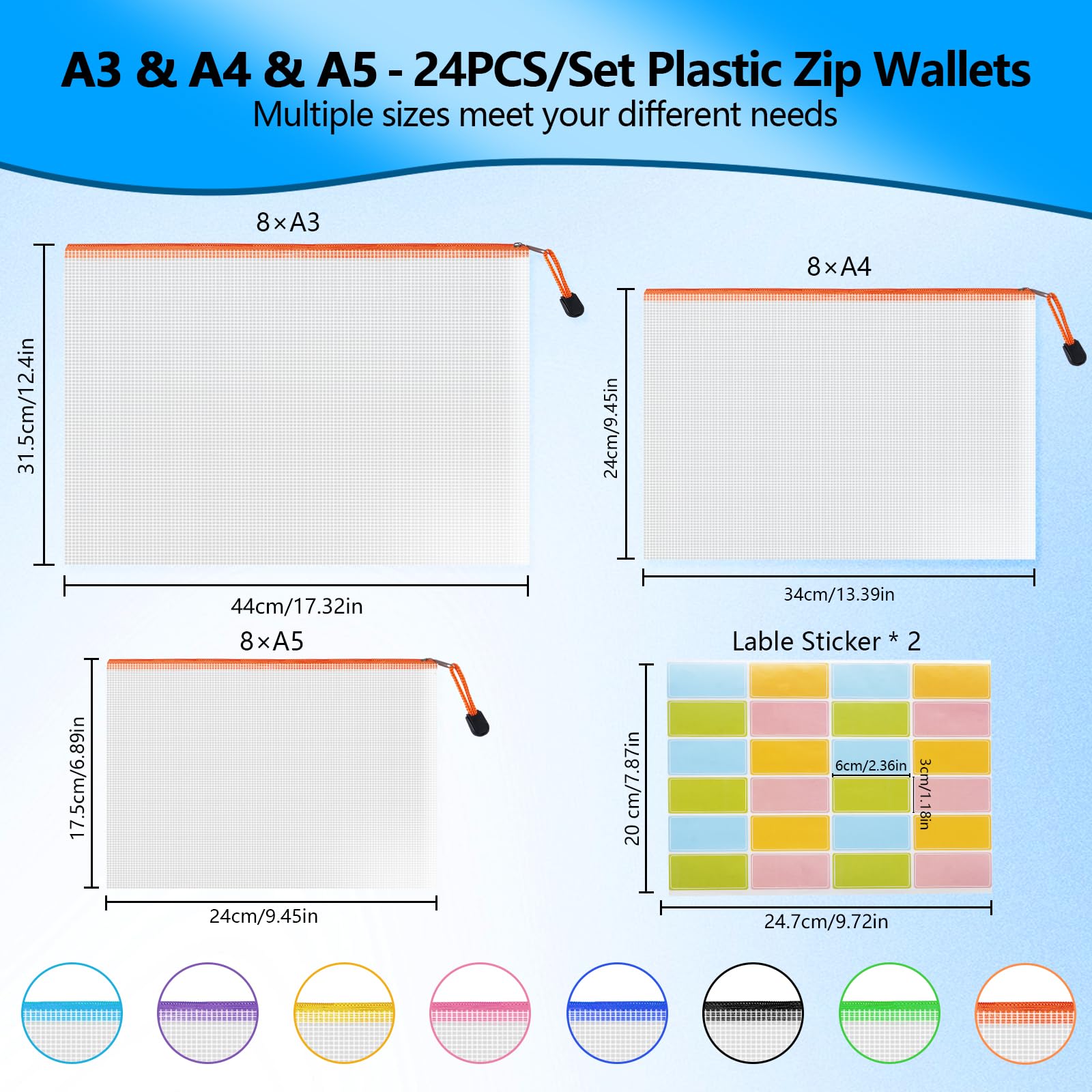 NORTHERN BROTHERS Zip Lock Plastic Wallets - 24PCS A3/A4/A5, Waterproof PVC File Folders 2