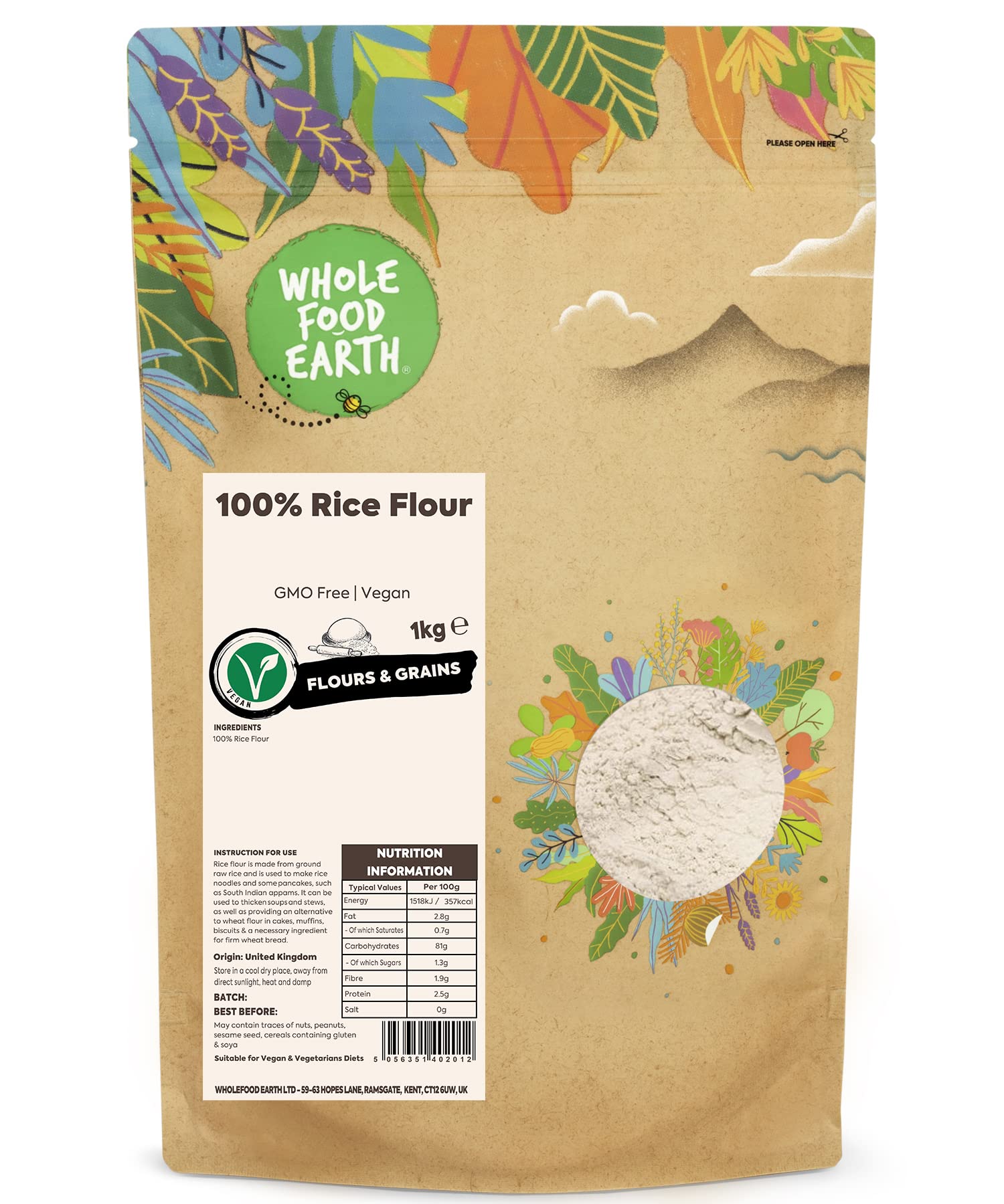Wholefood Earth 100% Rice Flour 1 kg - GMO Free, Vegan, Recyclable Packaging