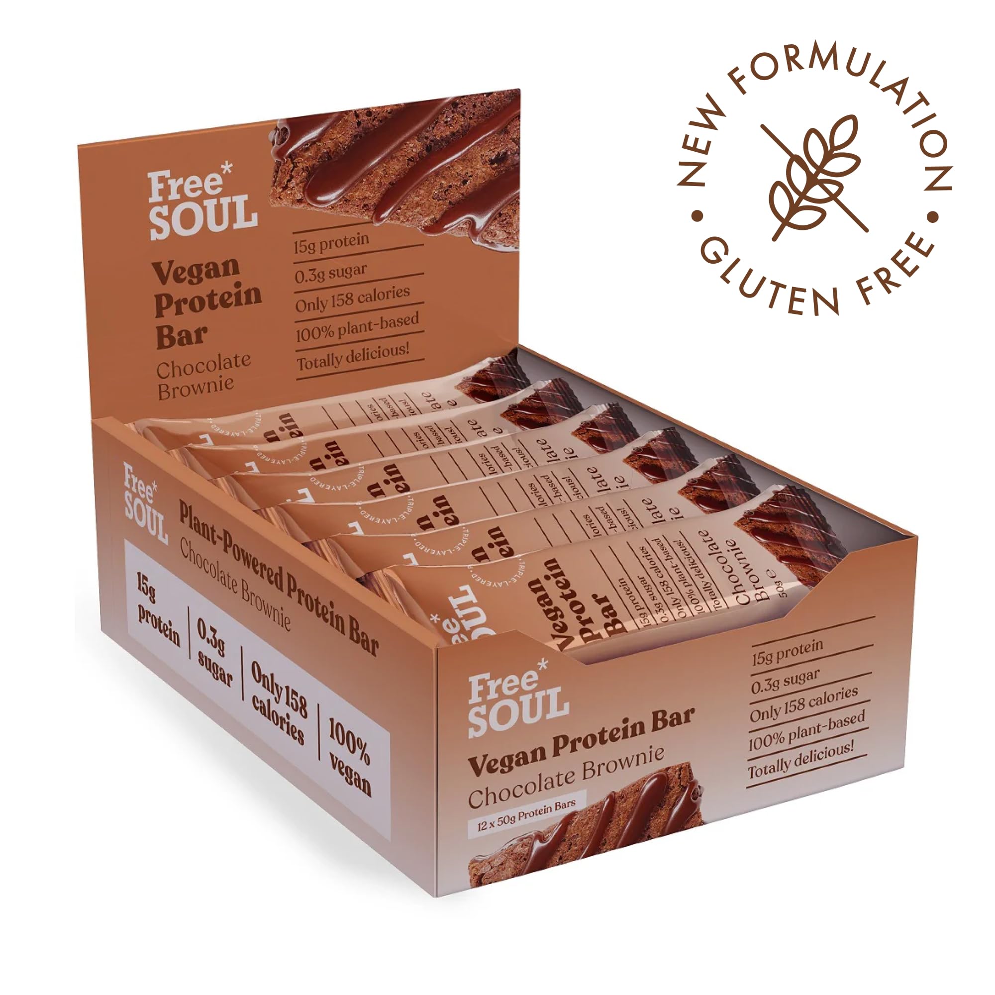 Free Soul Vegan Protein Bars 12 x 50g | Plant Based Chocolate Protein Snack | High Protein, Low Sugar