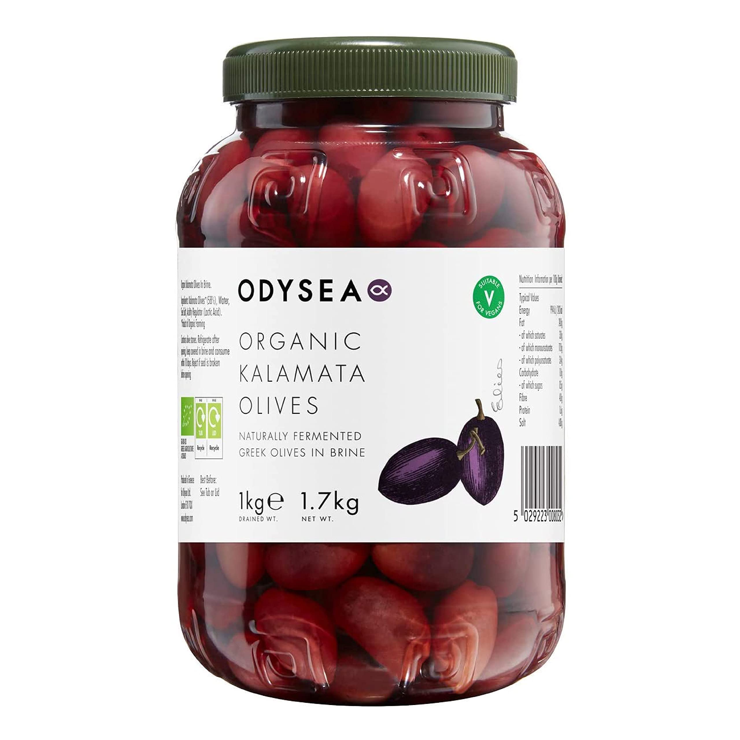 Odysea Organic Unpitted Kalamata Olives in Brine, 1kg Jar