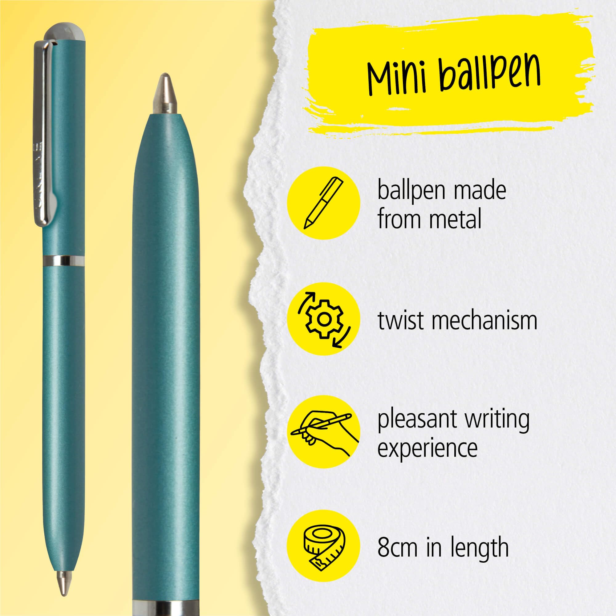 Online Mini Twist Ballpoint Pen - Turquoise, 8cm Length, Metal Clip | D1 Refill | Black Ink 3