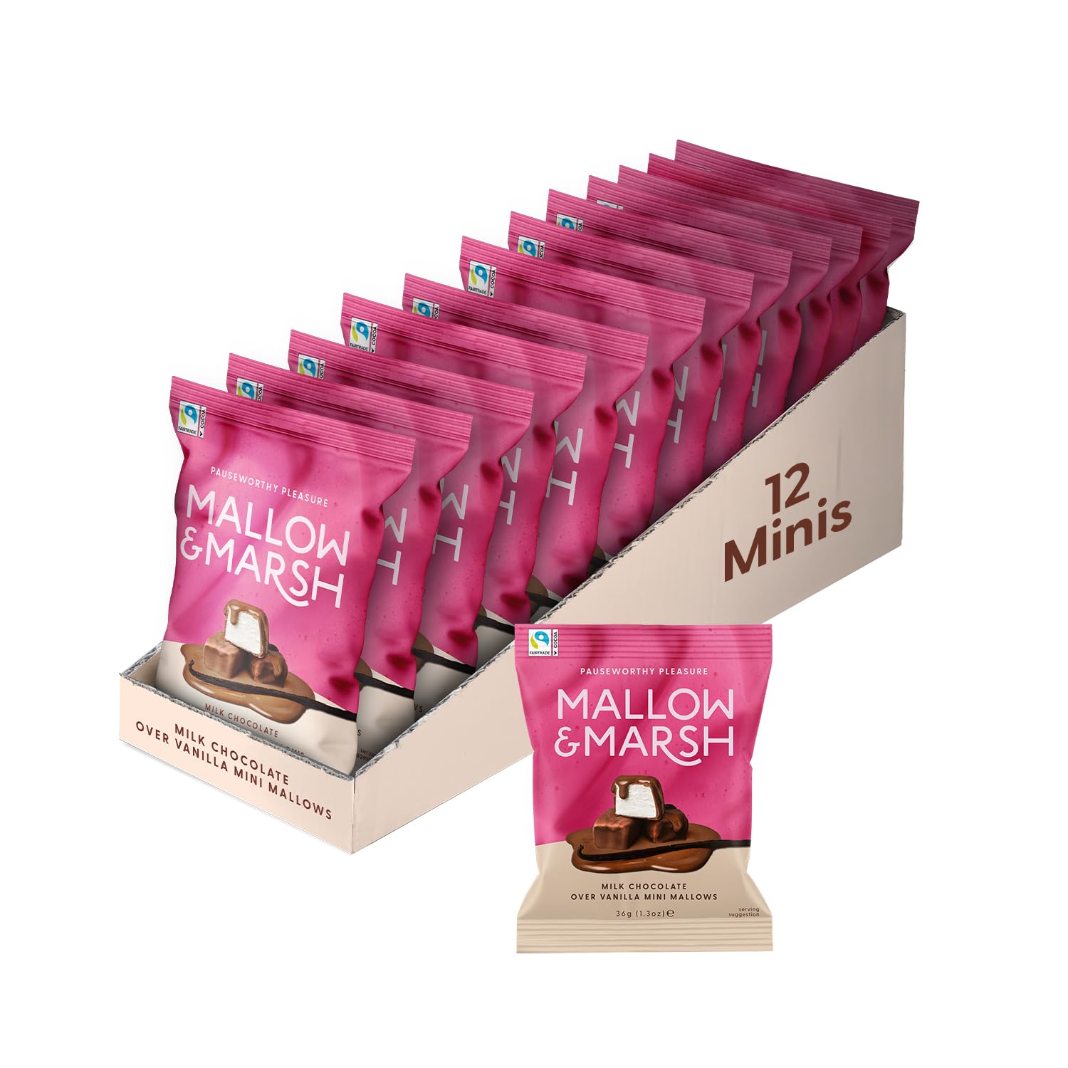 Mallow & Marsh Milk Chocolate Covered Mini Vanilla Marshmallows – 12 x 36g Multipack