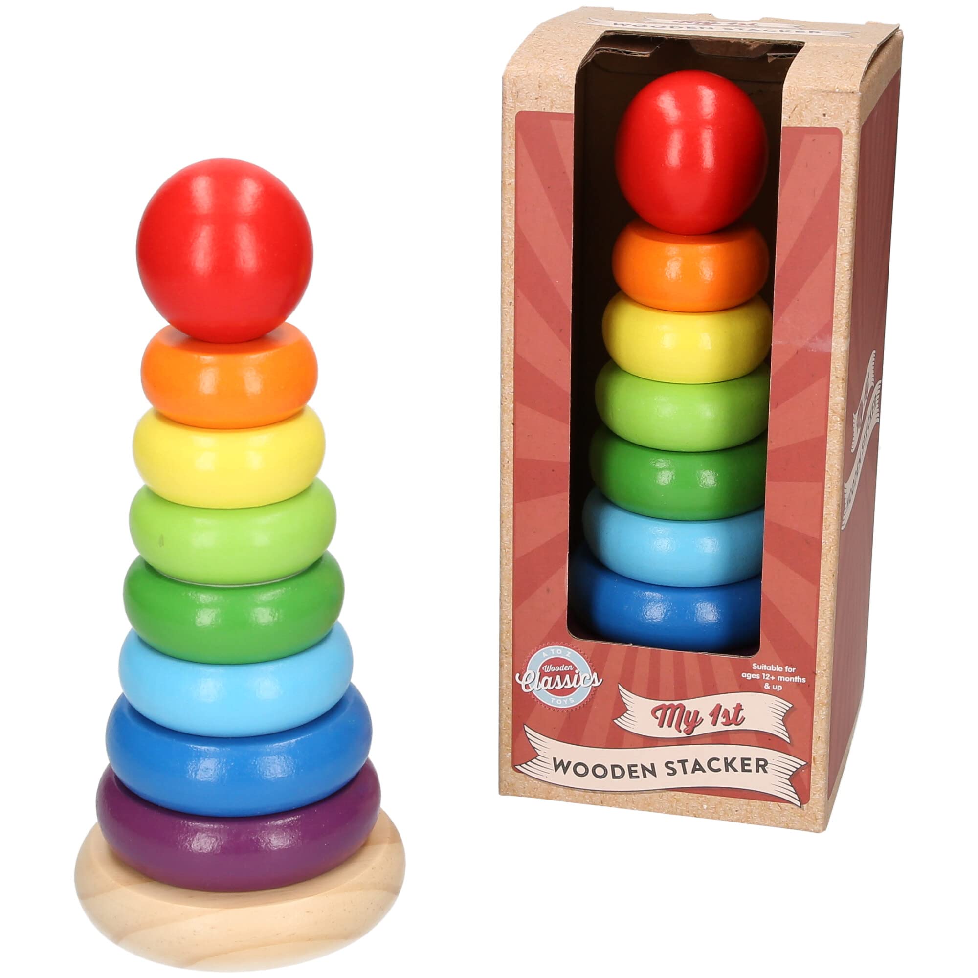 Atoz Wooden Rainbow Stacker Toy - Classic Ring Tower for Ages 12 Months+
