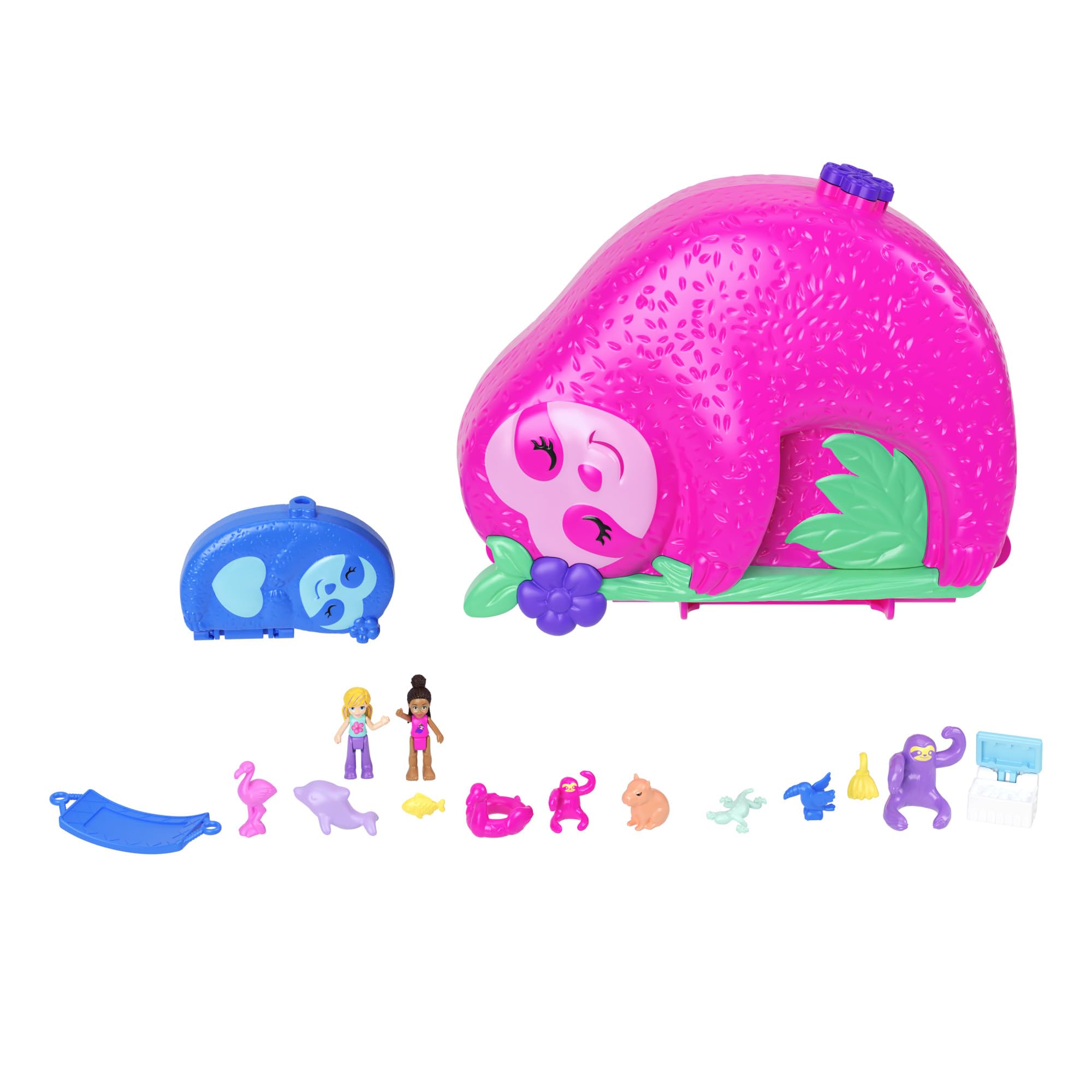 Polly Pocket Sloth 2-in-1 Purse Compact Playset with 2 Micro Dolls & 12 Accessories | Ages 4+ 8