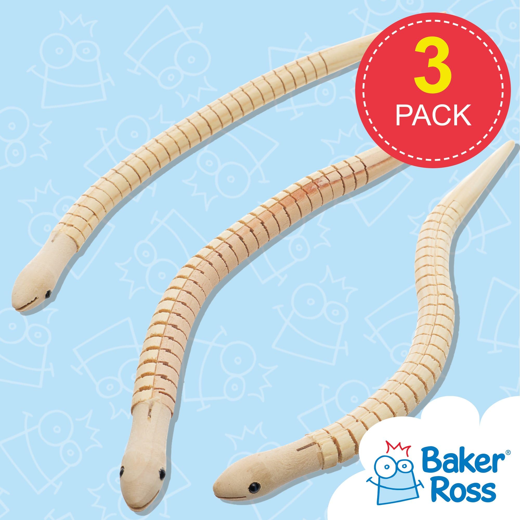 Baker Ross Wooden Sneaky Snakes (Pack of 3) - Craft Kit for Kids | Jointed Wood | 30cm Length