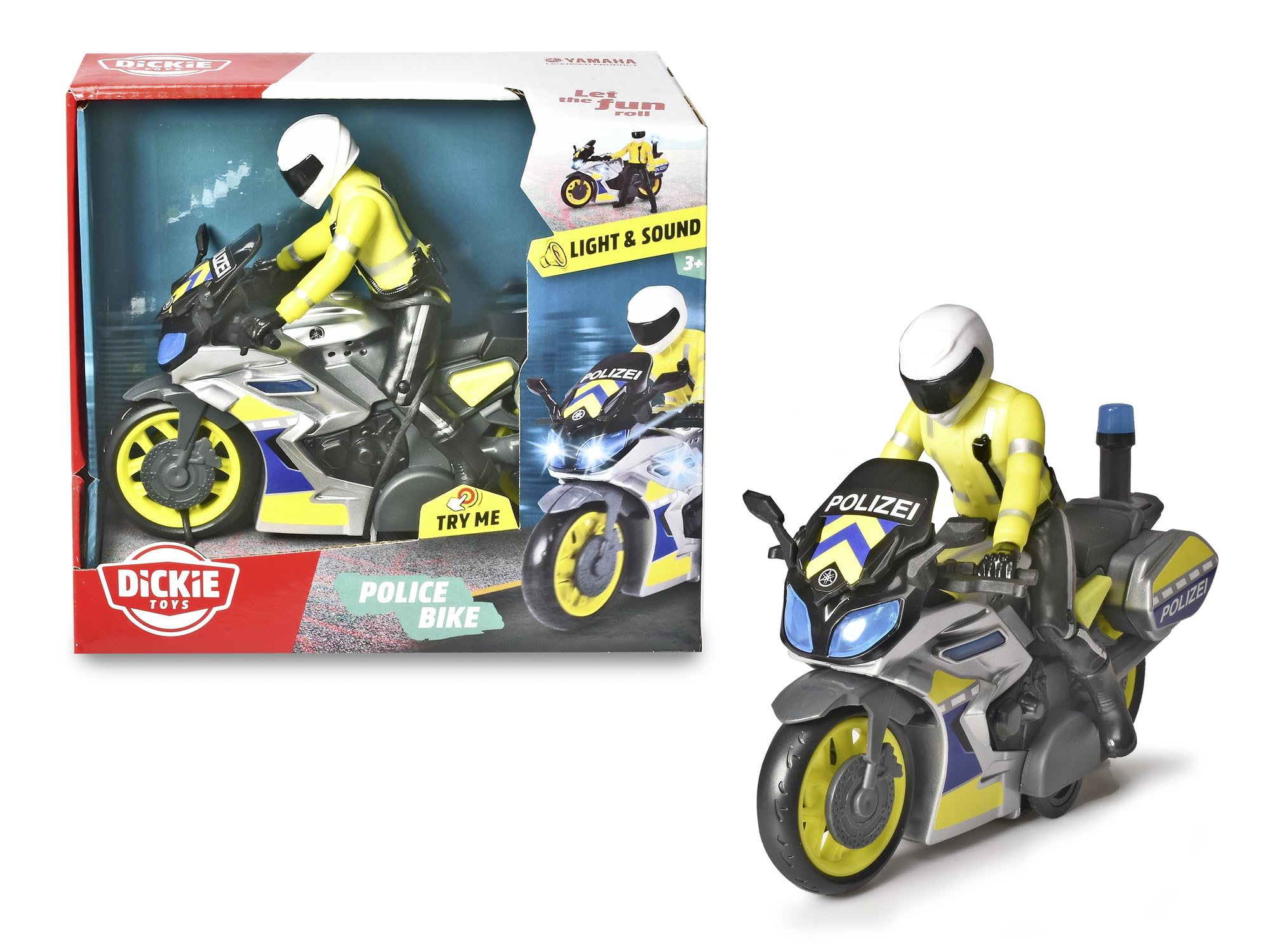 Dickie Toys 203712018 Yamaha Police Motorcycle with Officer Figure - Friction-Powered Ride-On Toy with Lights & Sound for Kids 3+ 5