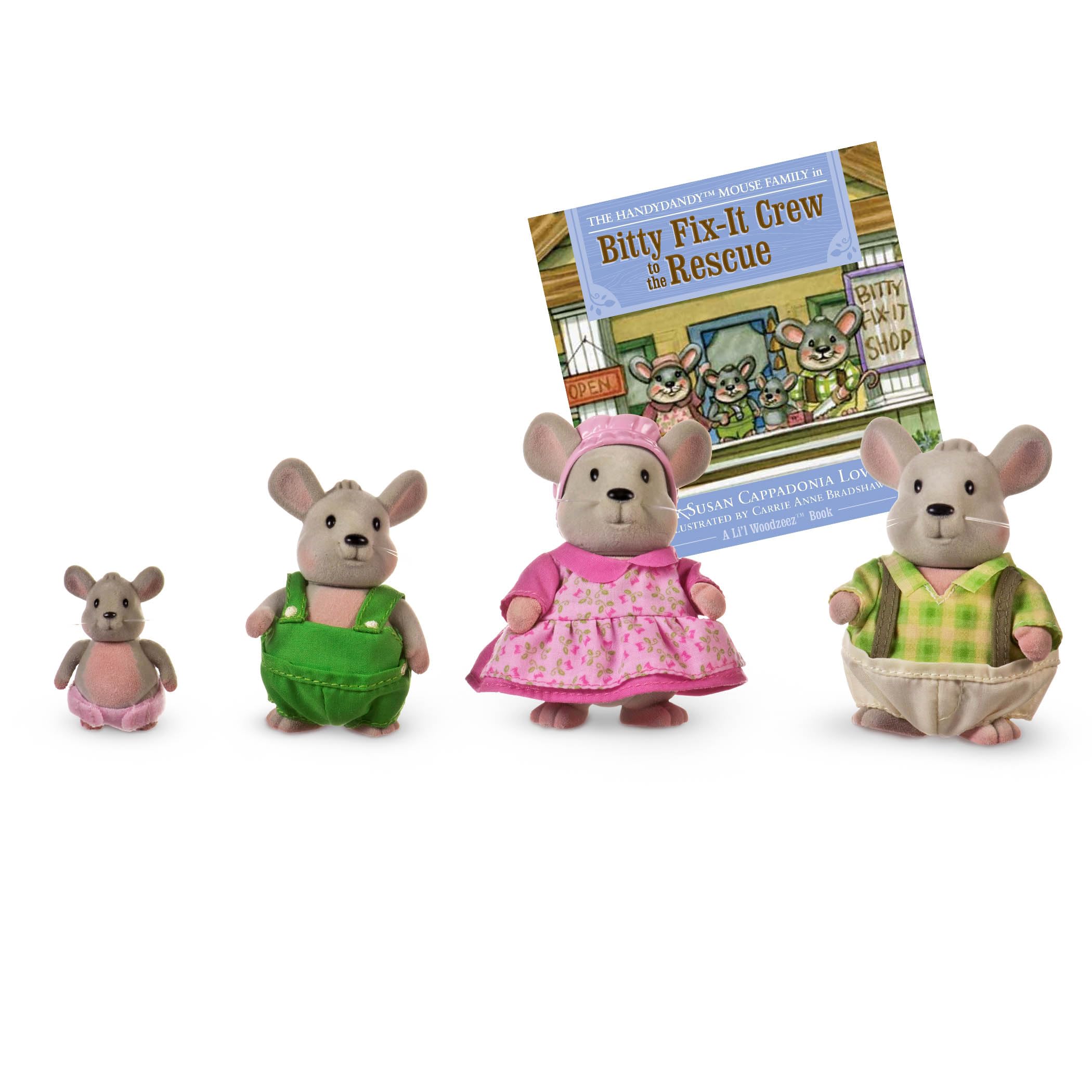 Li'l Woodzeez Handydandy Mice Family Set - 4 Collectible Wooden Figures with Storybook, Ages 3+