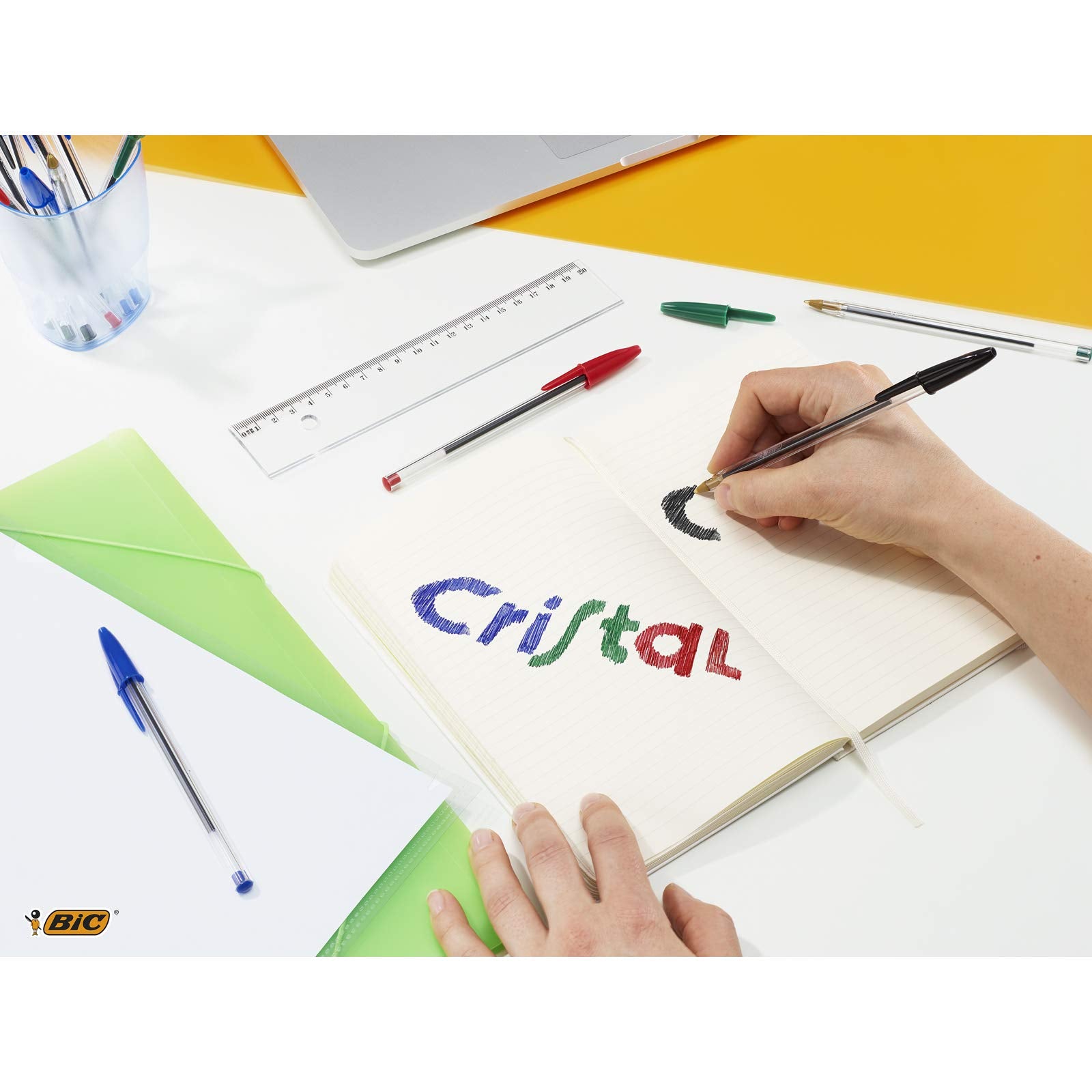 BIC Stationery Bundle: 10 Cristal Pens, 5 Highlighters, 2 Tipp-Ex Mini Pocket Mouse Correctors