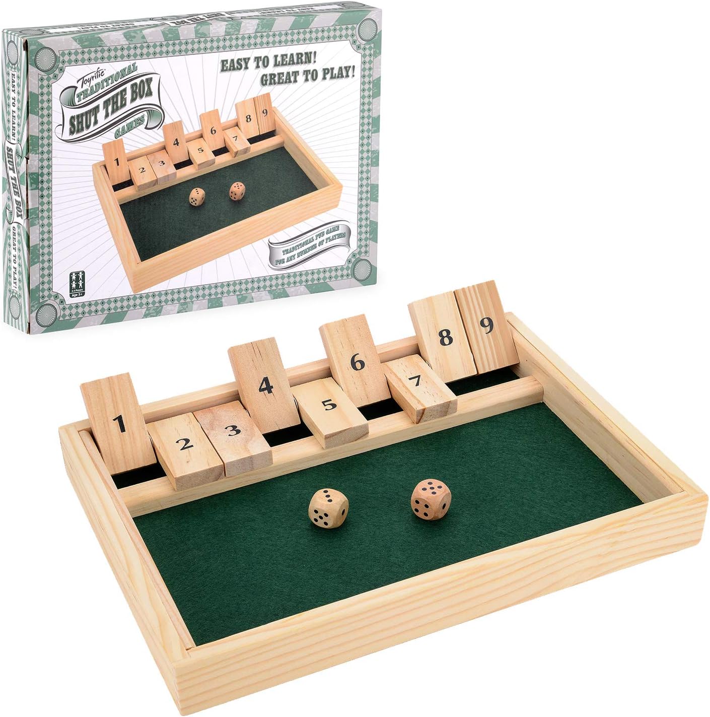 Toyrific Shut The Box Wooden Dice Game - 9 Number Classic Board Game