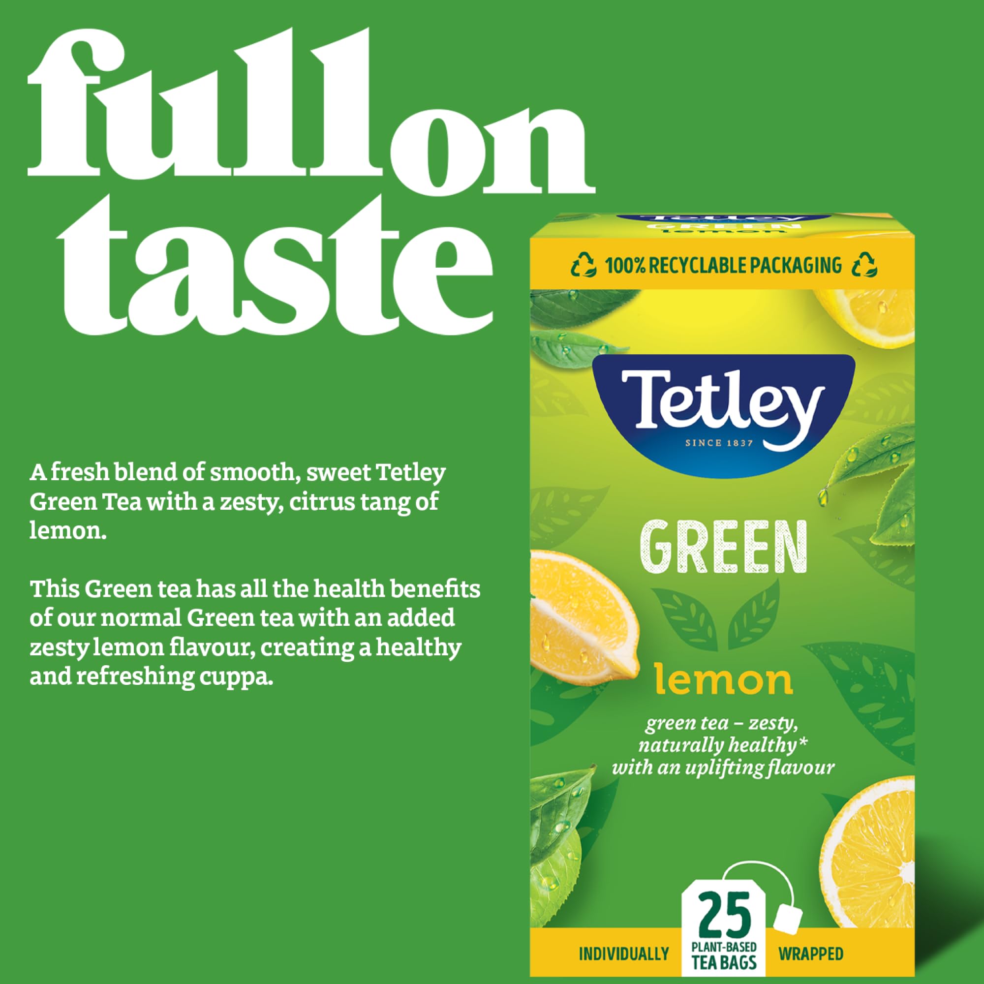Tetley Lemon Green Tea Bags - Rainforest Alliance Certified - Plant-Based - 25 Tea Bags