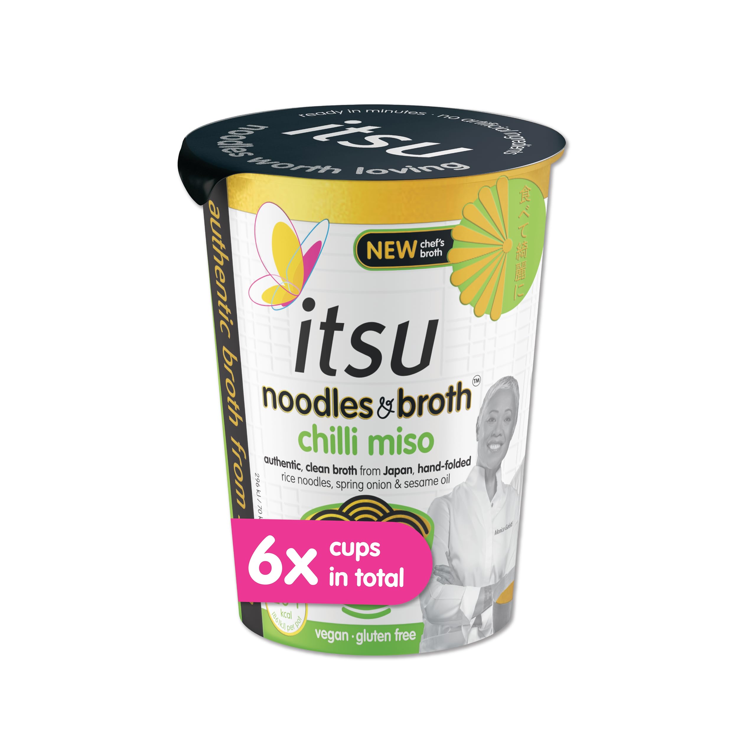 Itsu Chilli Miso Instant Noodles & Broth Pot 65g - Pack of 6 | Gluten Free | Vegan | Low Fat | 204 Calories | Hand-Folded Rice Noodles