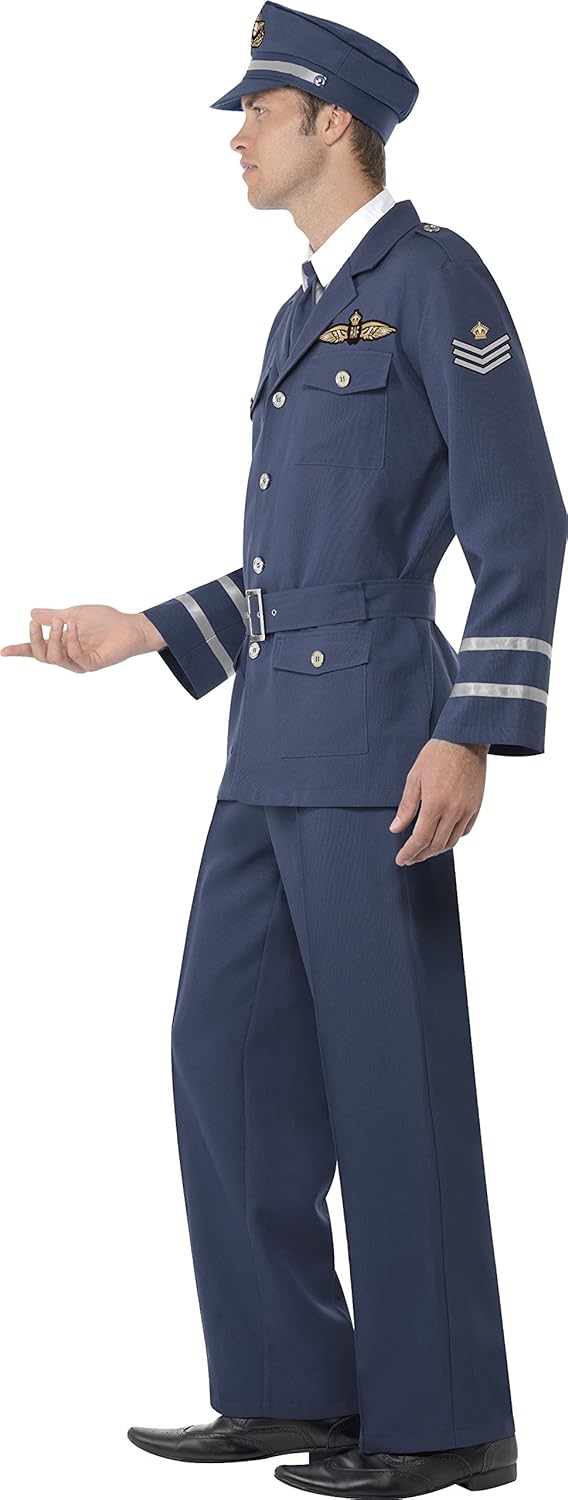 Smiffys WW2 Air Force Captain Costume - Adult Men's Military Fancy Dress Outfit with Trousers, Jacket, Hat & Tie, Size L, 38830