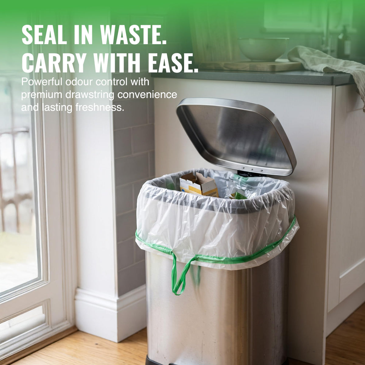 EcoBag Kitchen Drawstring Bin Liners - 20 Bags, 30L, White, Brabantia Compatible
