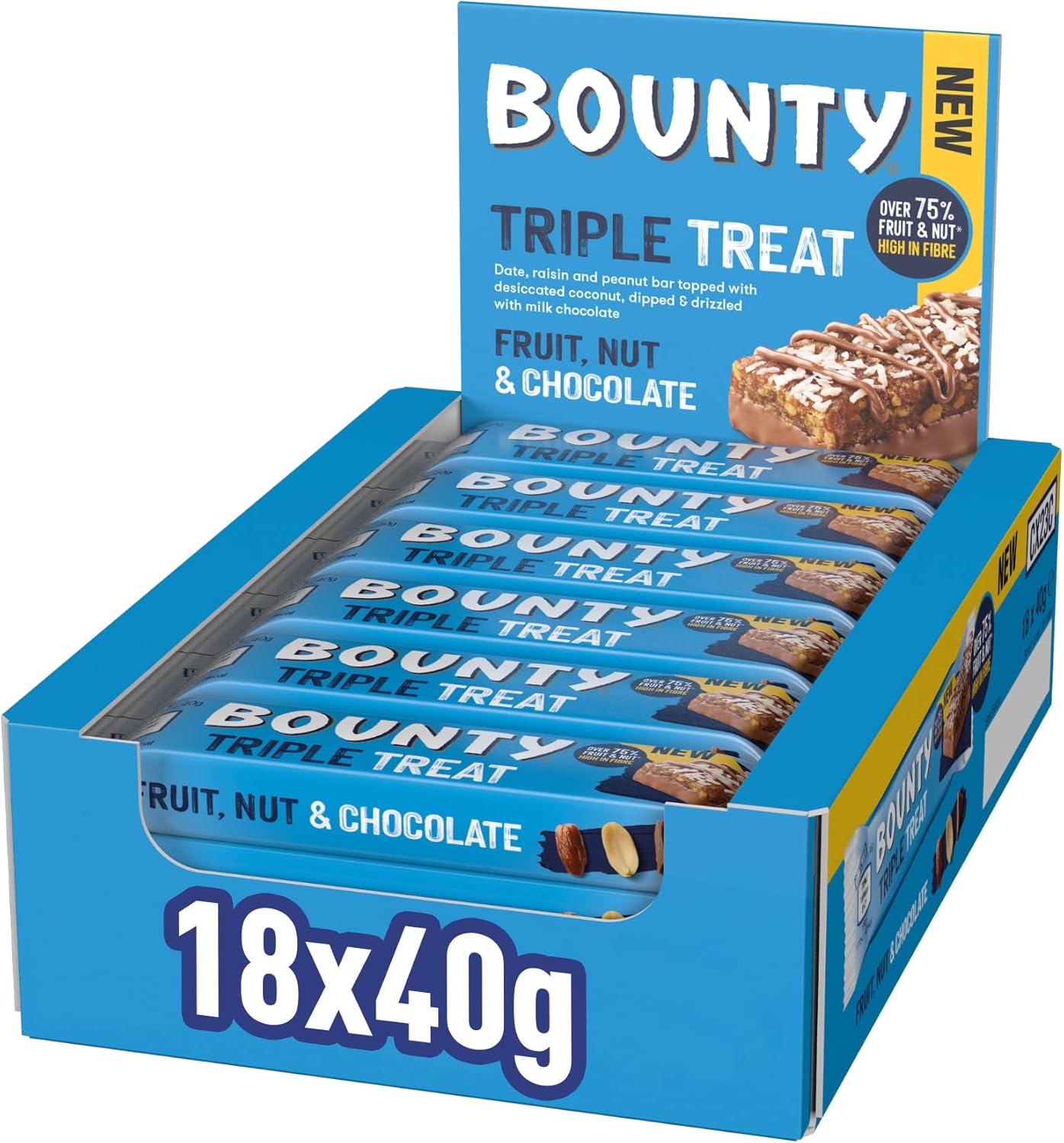 Bounty Triple Treat Fruit & Nut Chocolate Bars, Milk Chocolate Snacks with Dates, Raisins & Peanuts, 18-Pack