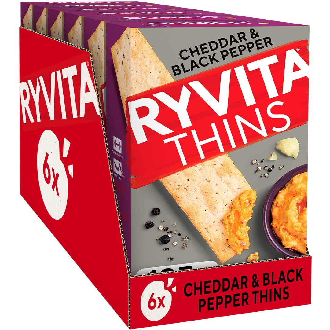 Ryvita Cheddar & Cracked Black Pepper Thins - 6 Packs of 125g | Source of Fibre | Made in UK 1