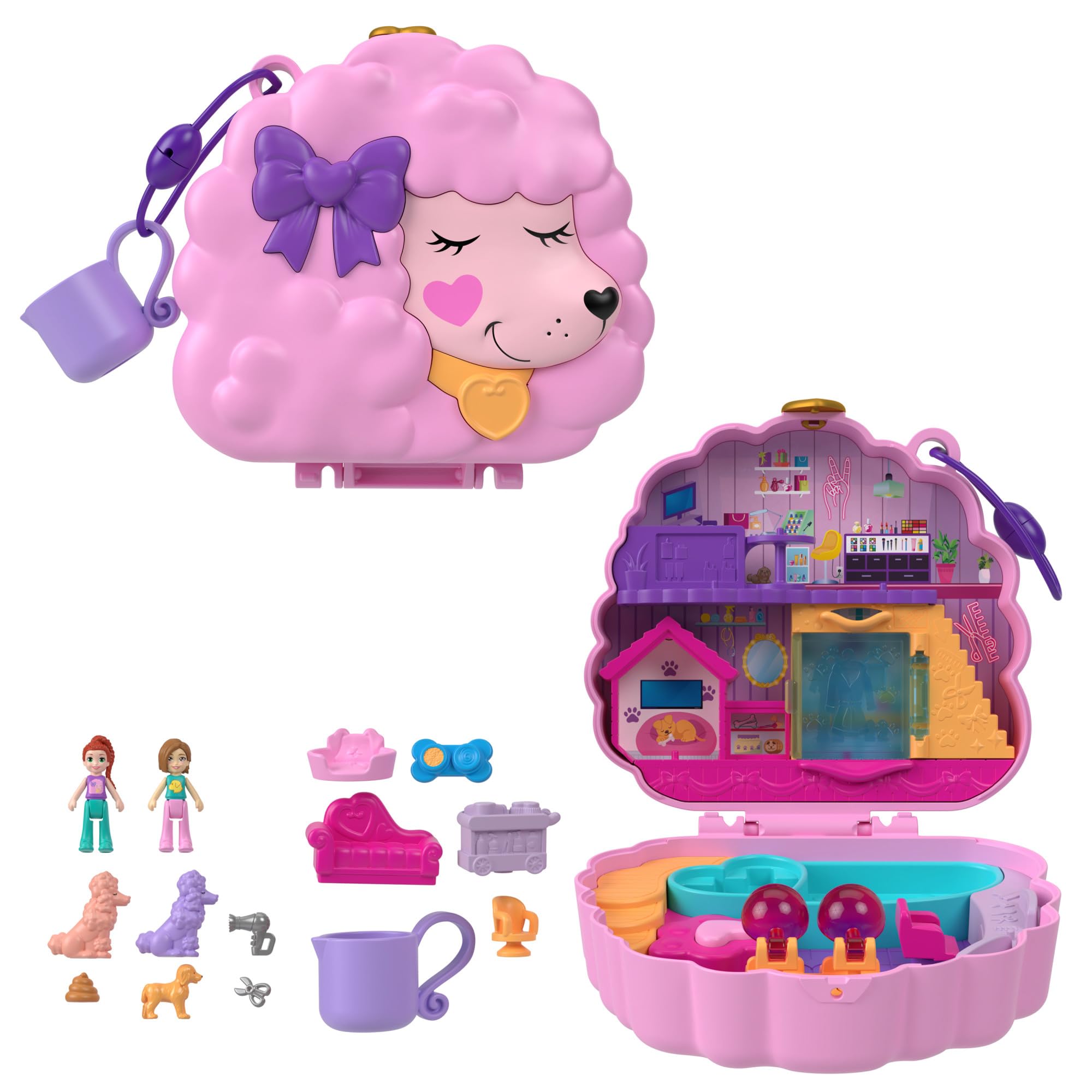 Polly Pocket Groom & Glam Poodle Compact Playset - Water Play & Color-Change Features, Ages 4+