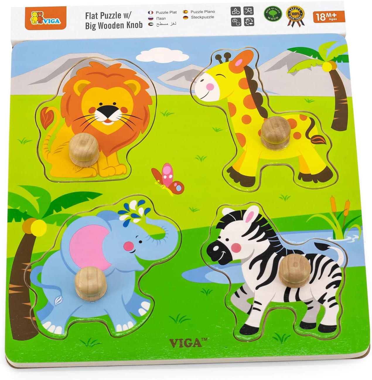 Viga Toys Big Wooden Knob Puzzle - Wild Animals Educational Toy for Toddlers 7