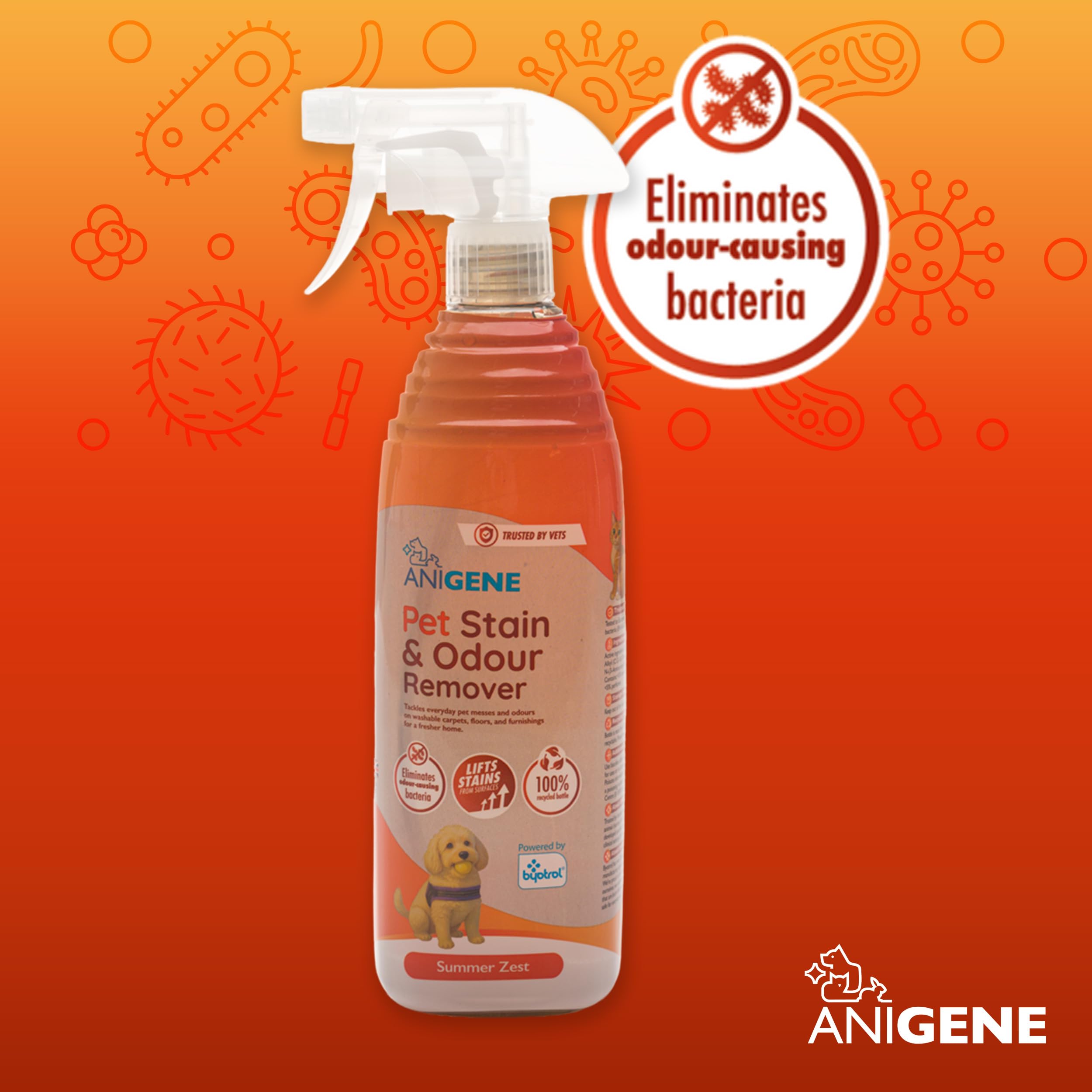 Byotrol ANIGENE Pet Stain & Odour Remover Spray - 750ml Summer Zest | Vet Quality | UK Made