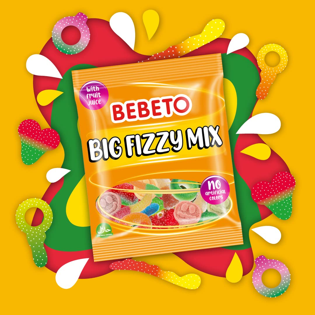 Bebeto Big Fizzy Mix (150g) - Fruity Fizzy Gummy Sweets with Real Fruit Juice, Halal Certified, No Artificial Colours 3
