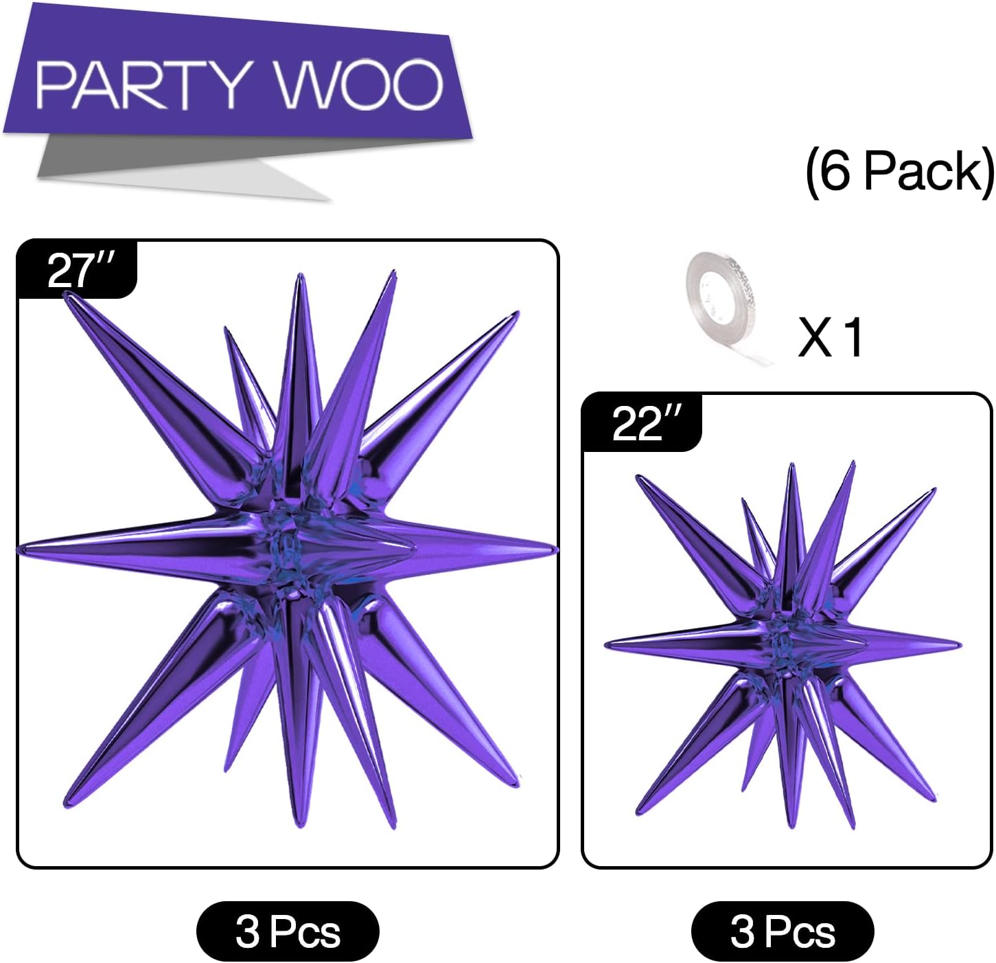 PartyWoo - Purple Star Balloons 6 pcs, One-Piece 14-Pointed Starburst Foil Balloons 27 & 22 inch with Ribbon