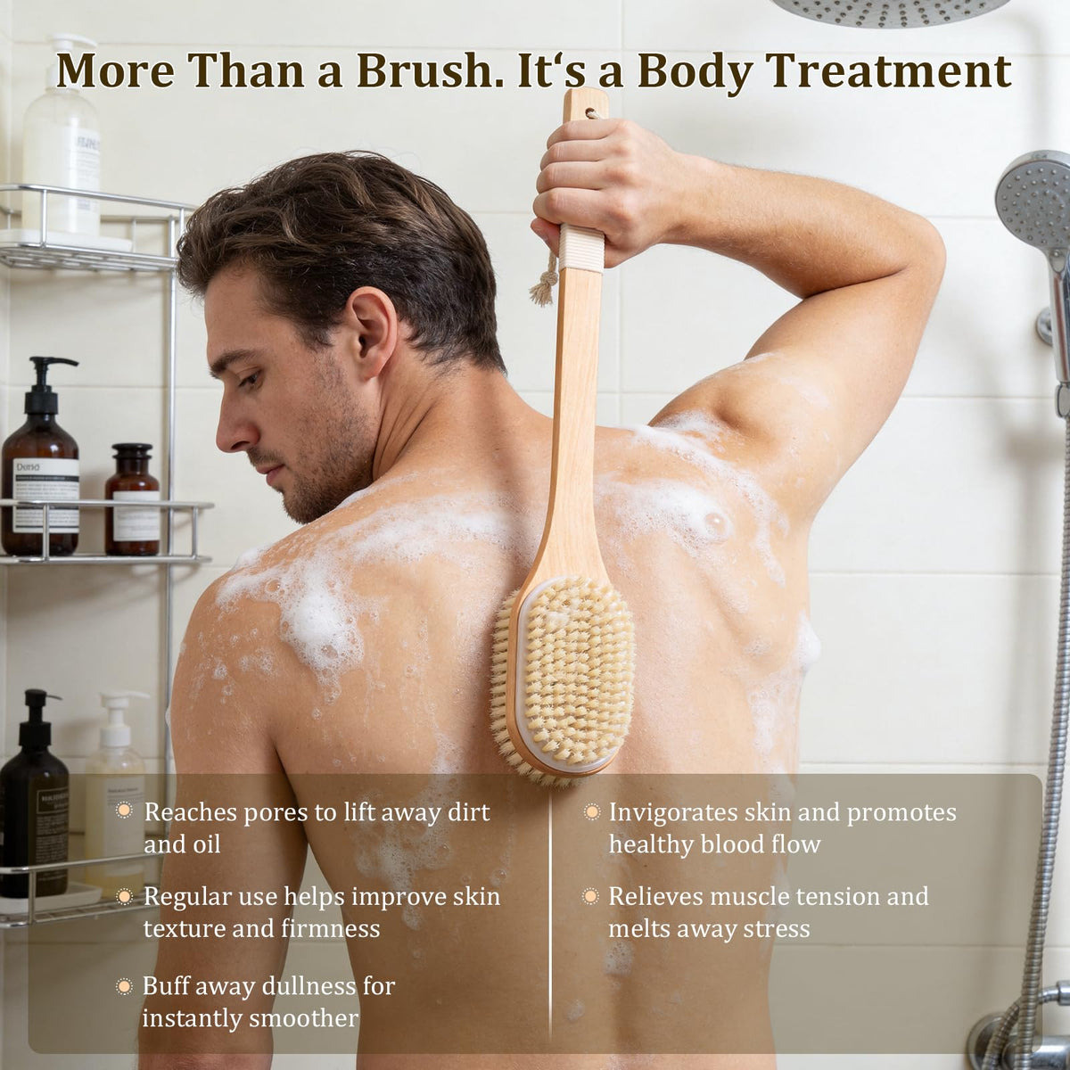 Blendura Back Scrubber - Dual-Sided Exfoliation | 43cm Long Handle | Wood & Silicone Grip