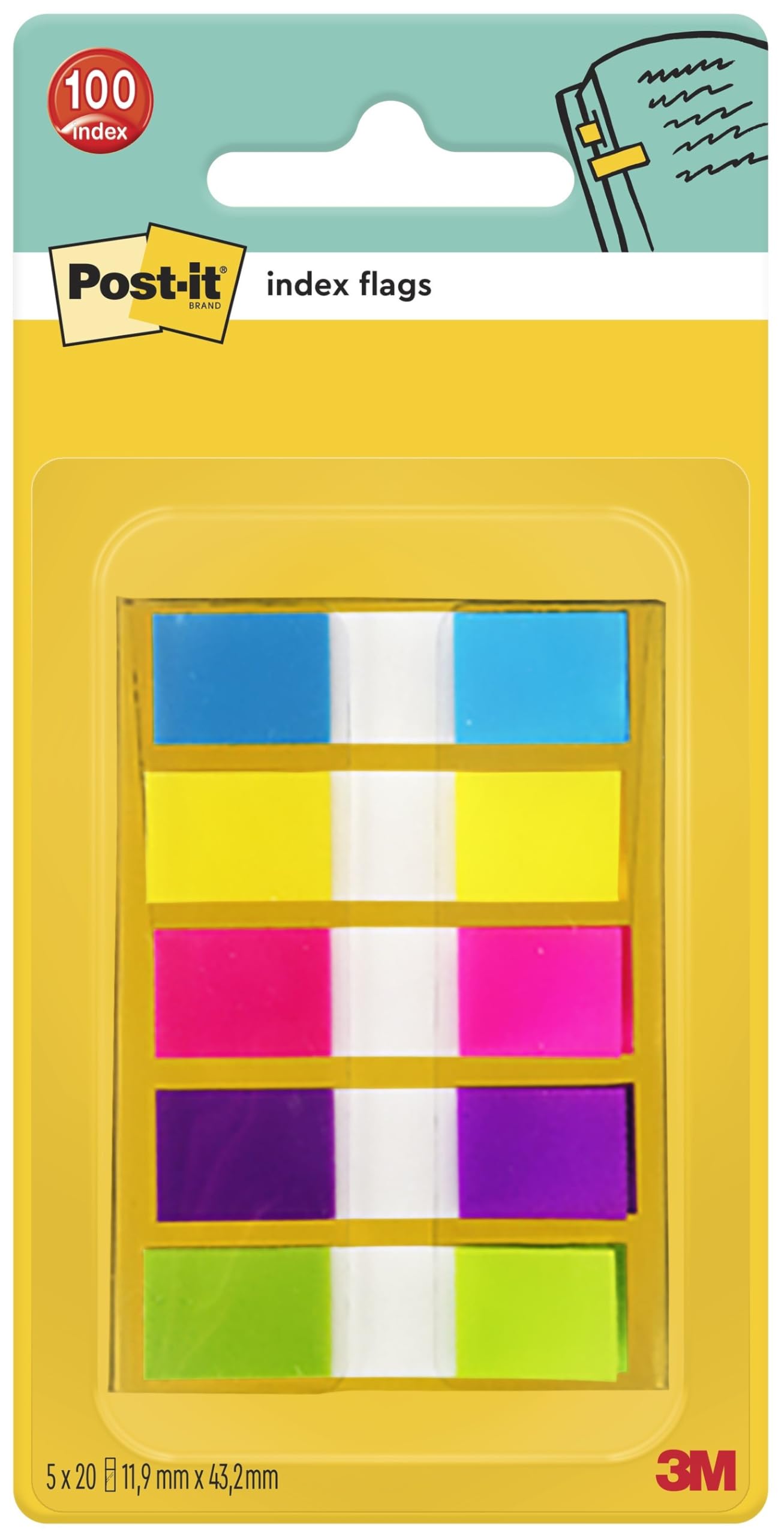 Post-it Index Flags 624185 - Multi-Coloured, Self-Adhesive, Pack of 100 | Includes Dispenser