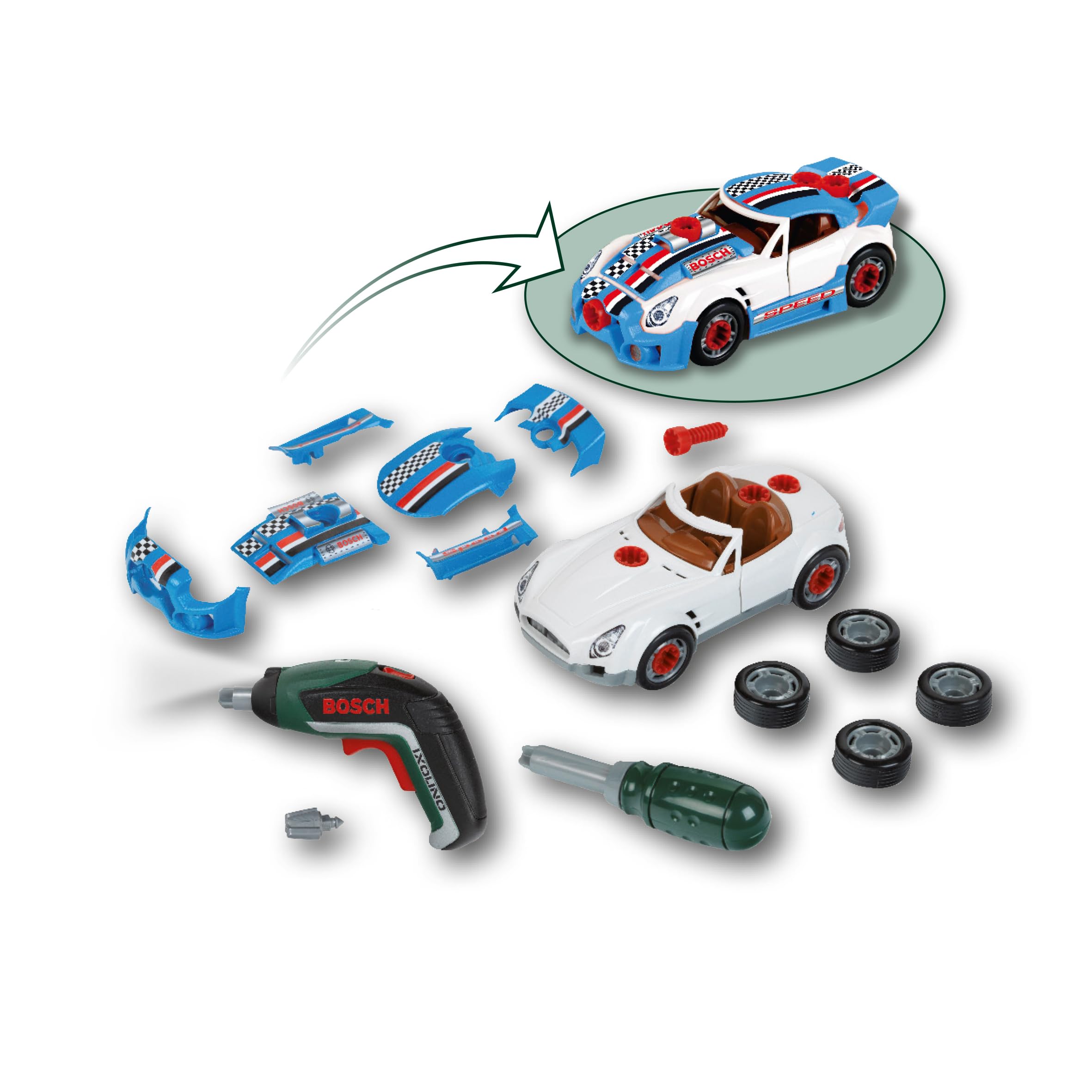 Theo Klein 8630 Bosch Car Tuning Set | Dismountable Car with Tuning Accessories | Includes Battery Screwdriver 3