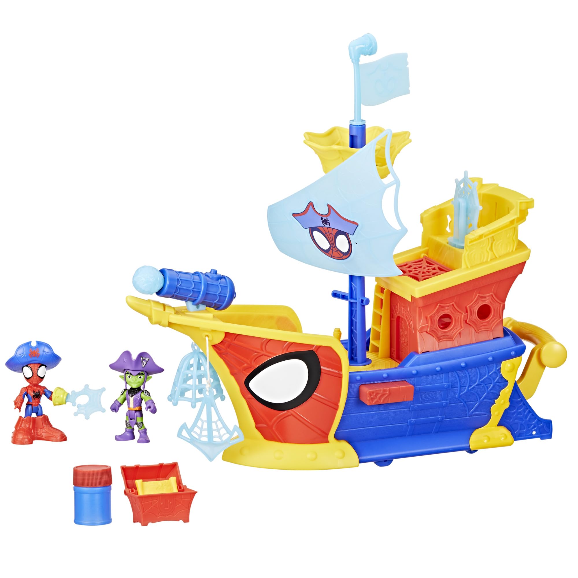 Spidey and His Amazing Friends Water-Webs Webs Ahoy Bubble Pirate Ship Playset - 43 cm with Real Bubble Maker, Spidey & Green Goblin Figures, Ages 3+
