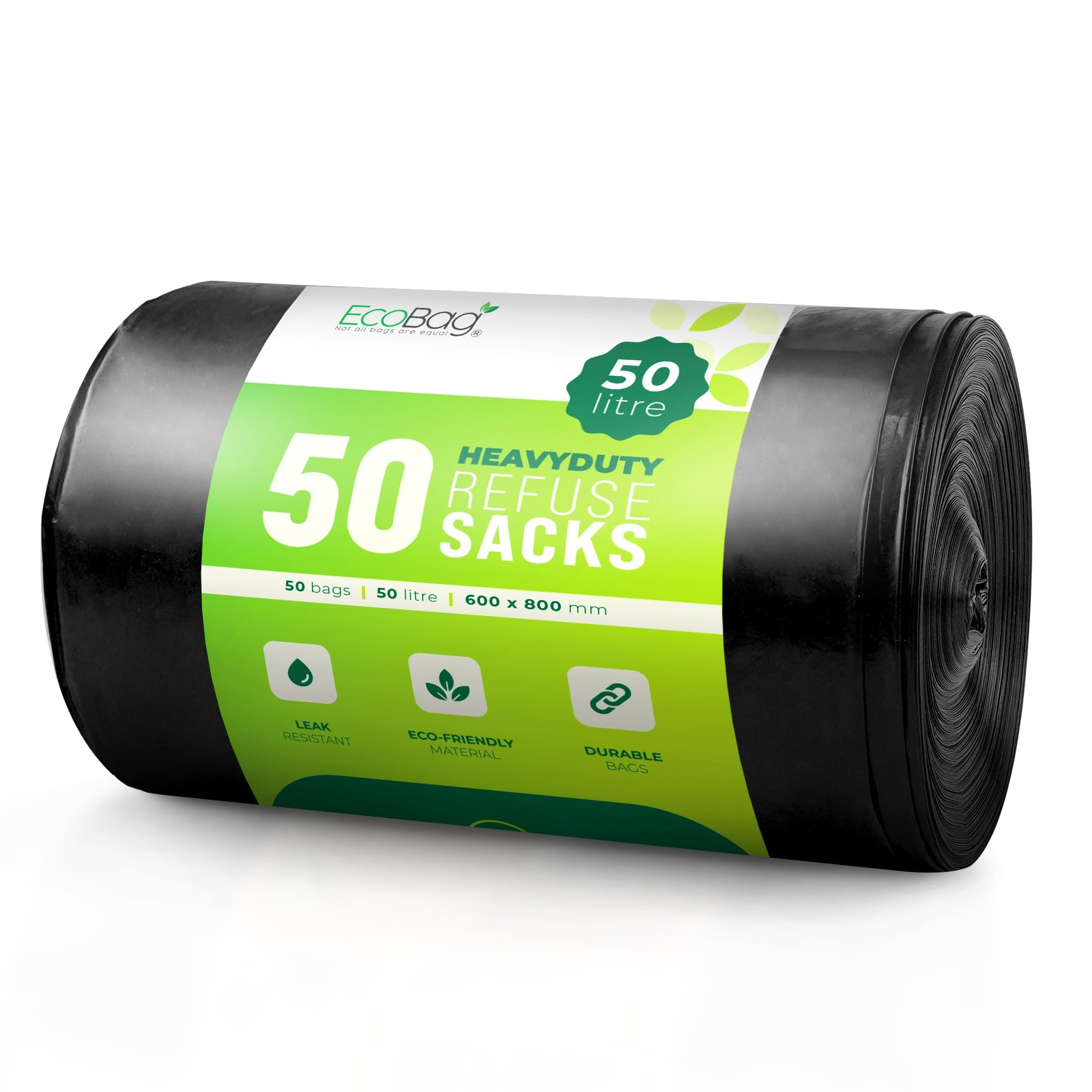 EcoBag Extra Strong Heavy Duty Refuse Sacks - 50L Recyclable Bin Bags, 50 Pack
